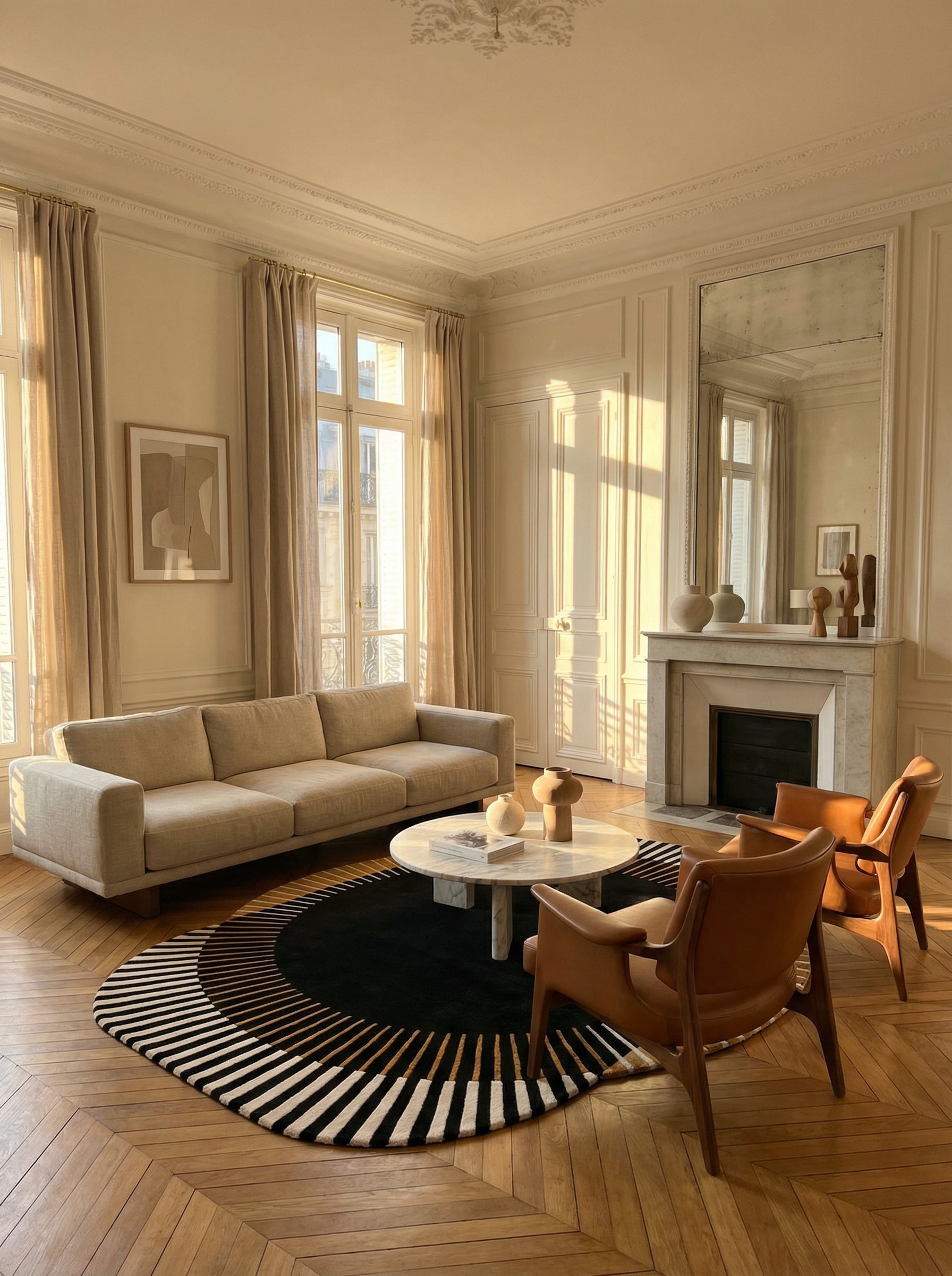 Tapis rond noir et blanc, pièce haussmannienne. Élégance classique