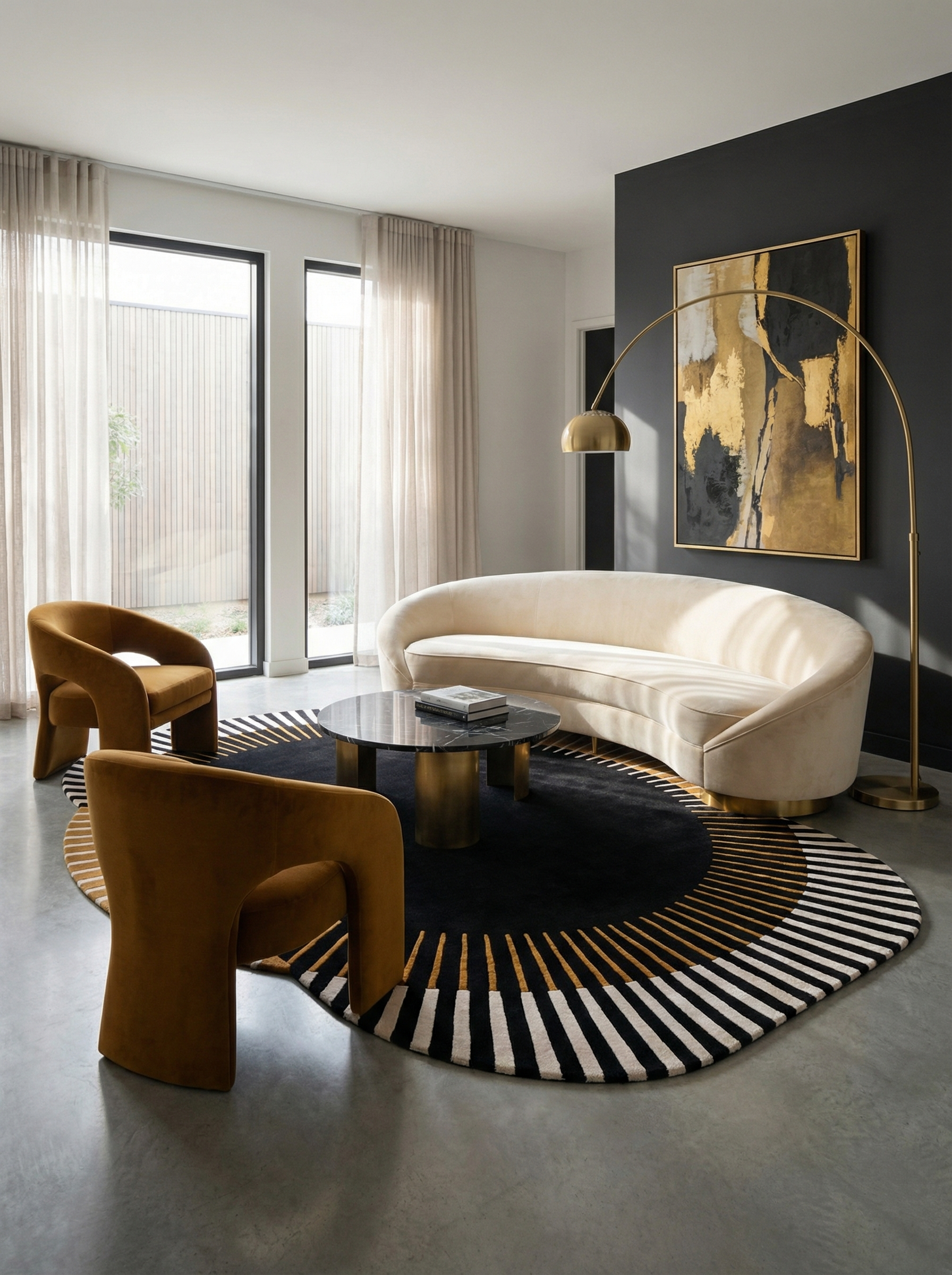 Tapis rond noir et blanc, design épuré, harmonie dans la pièce