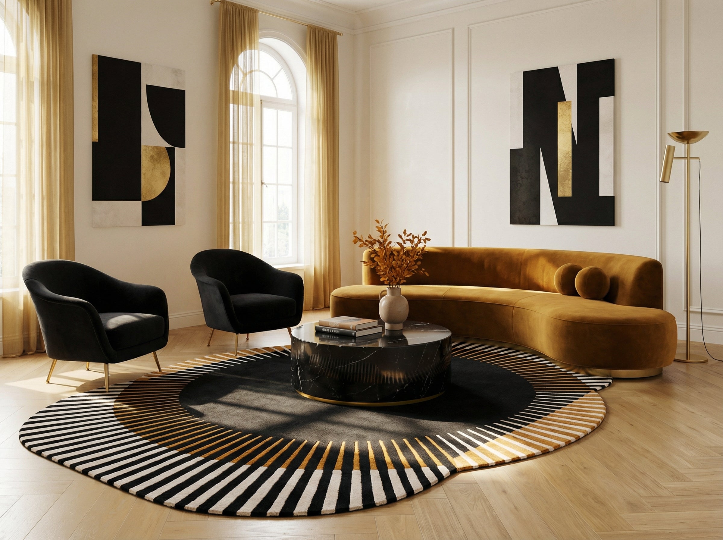 Style déco: contemporain. Ambiance: chaleureuse. Pièce: salon. Tapis rond/ovale noir, blanc, or. Canapé moutarde