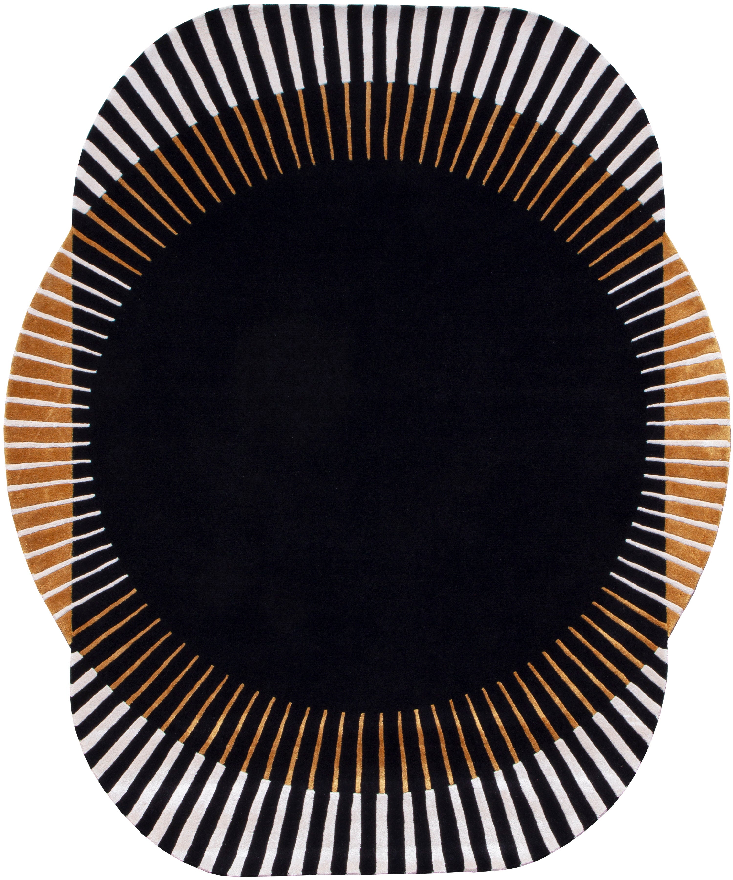 Tapis de type rond, motif géométrique. Couleurs: noir, blanc, or. Pièce décorative