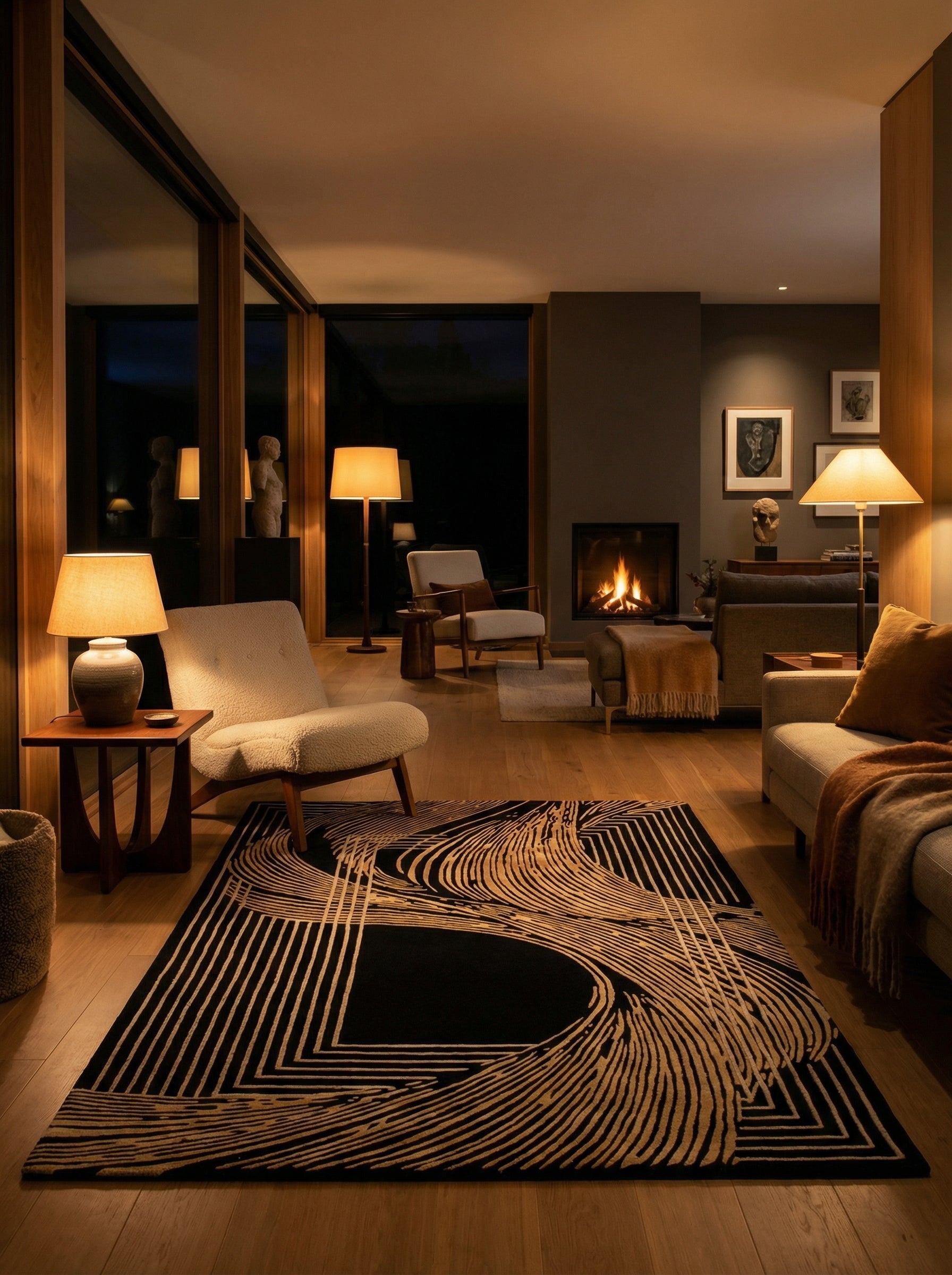 Tapis rectangulaire noir et beige, motifs linéaires. Lumière chaude, ambiance cosy dans la pièce