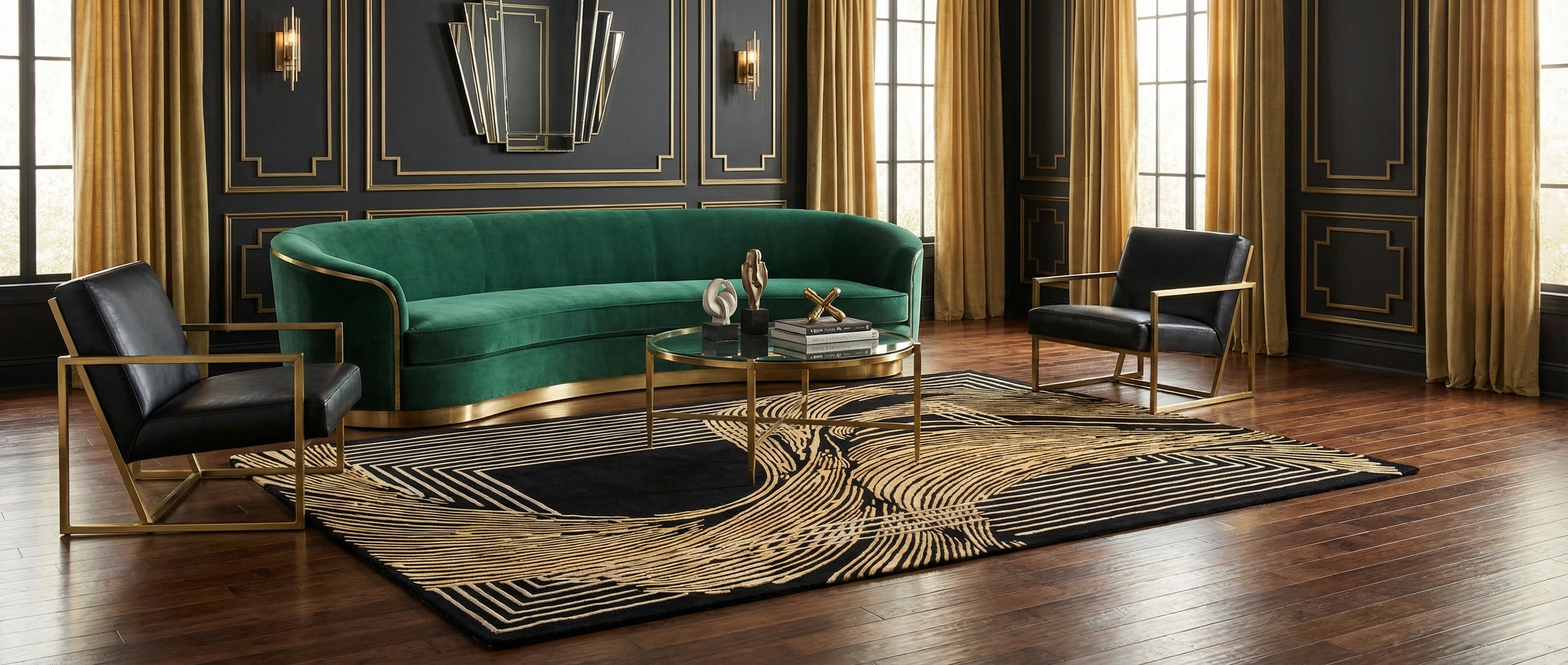 Le tapis noir et or transforme la pièce. L'harmonie est créée par les couleurs et le style art déco