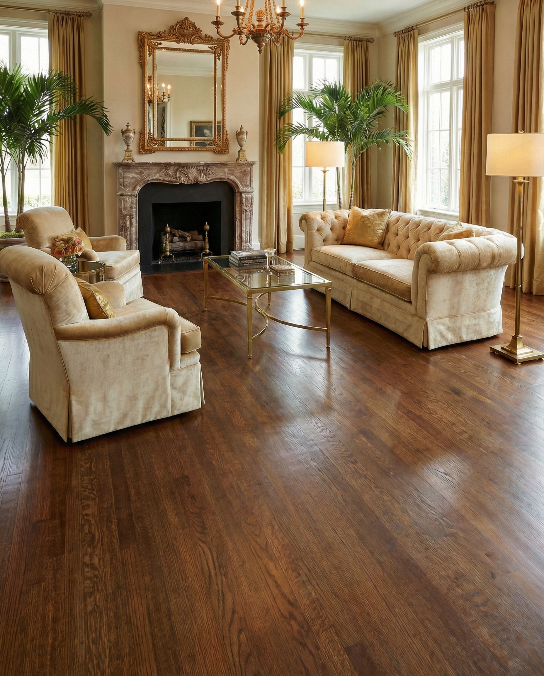 Pièce avec parquet foncé, canapé et fauteuils beiges, cheminée, miroirs dorés, ambiance classique. Espace à transformer