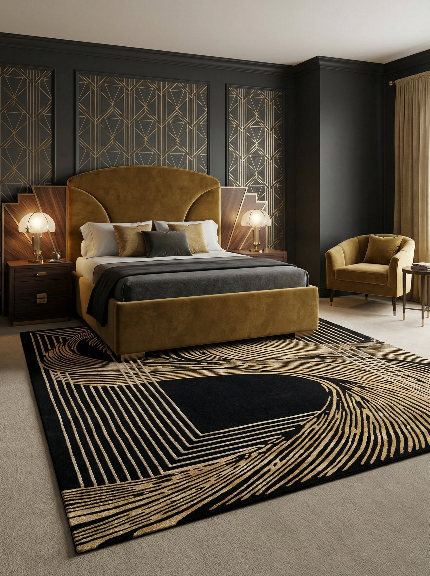 Tapis rectangulaire noir et or. Harmonie avec les couleurs ambre de la pièce. Ambiance Art déco