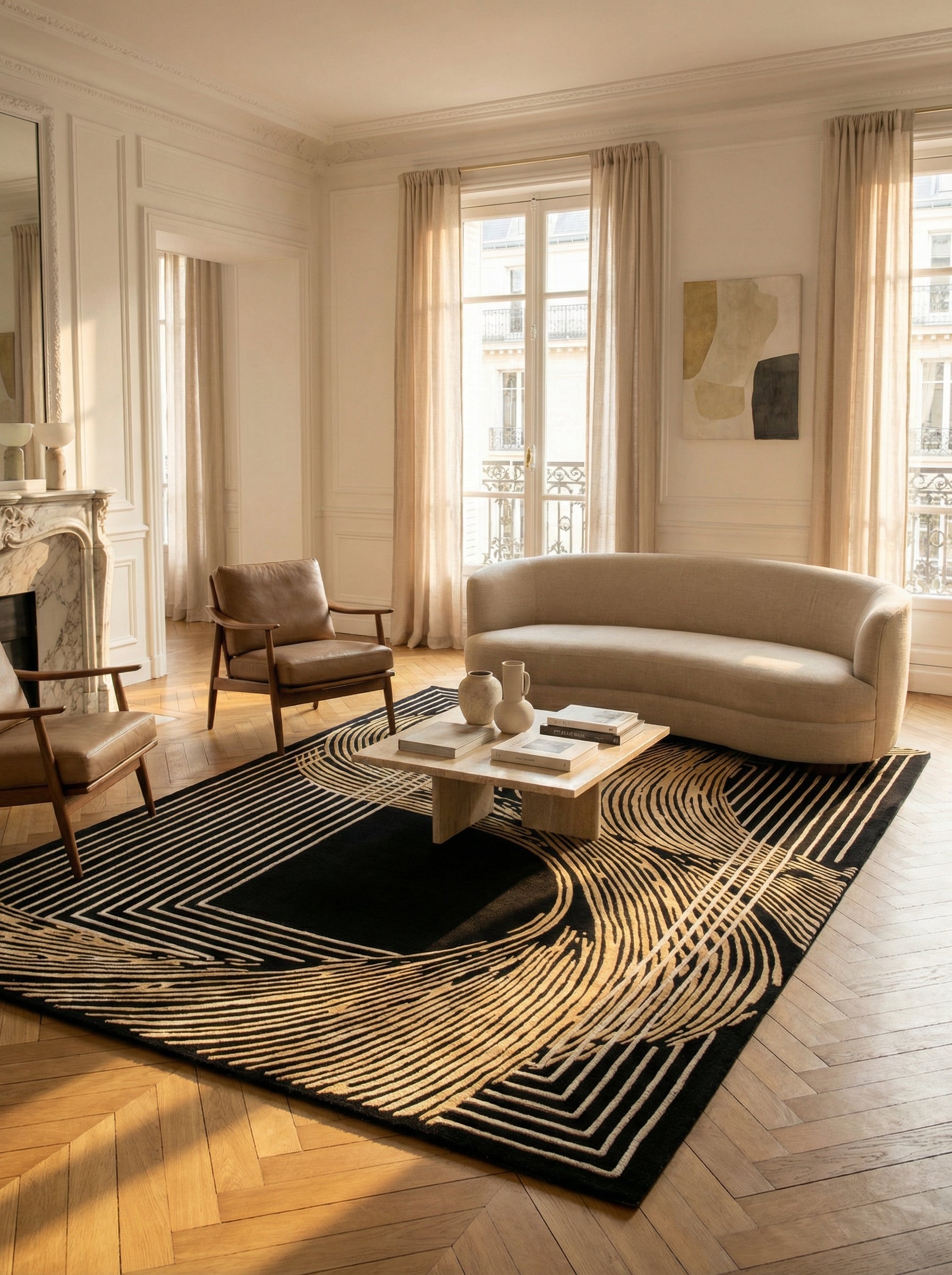 Tapis rectangulaire noir et beige, motifs géométriques, ambiance élégante dans un intérieur classique