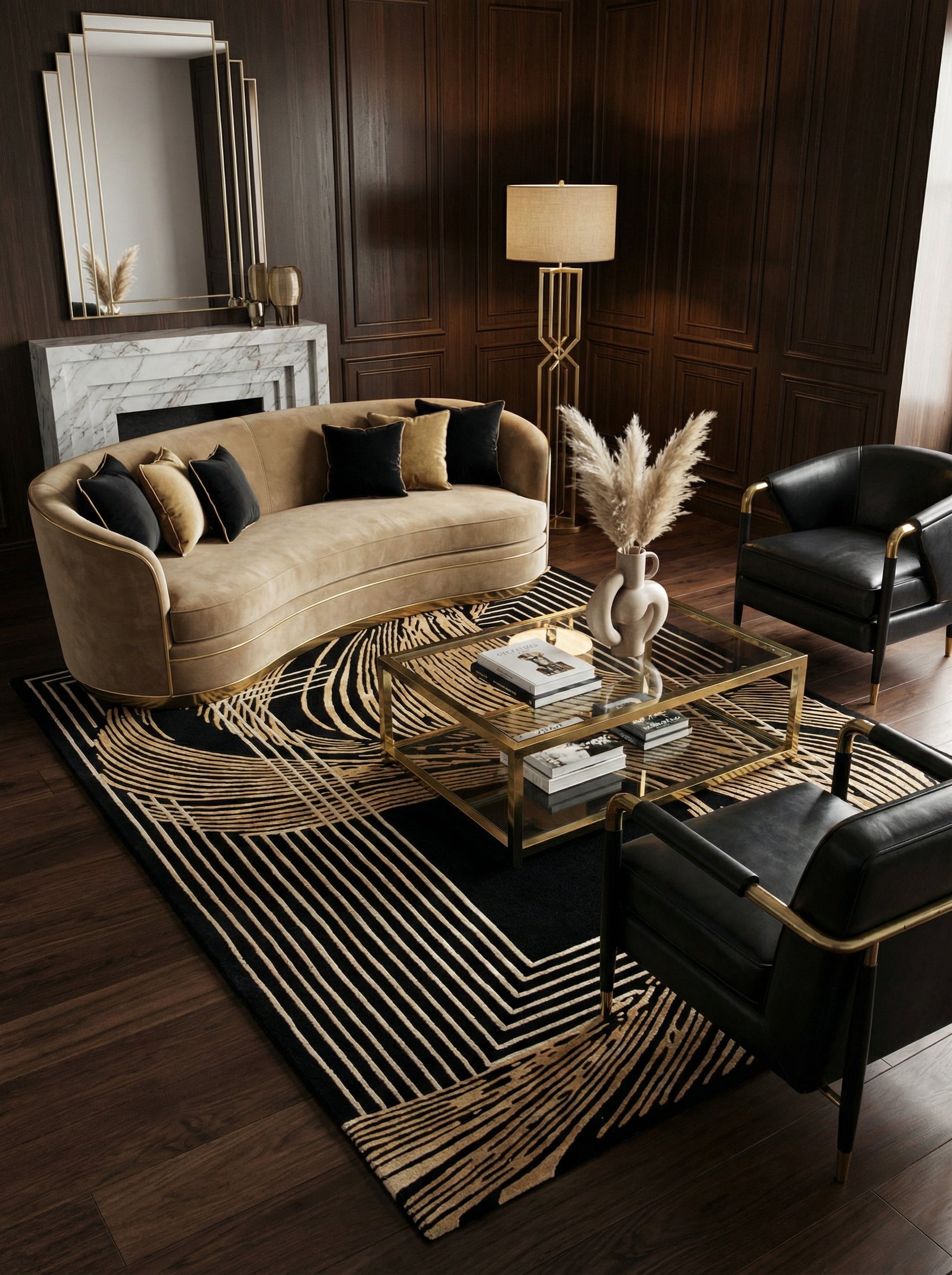 Tapis rectangulaire noir et beige, design épuré, style contemporain, salon moderne, ambiance chaleureuse