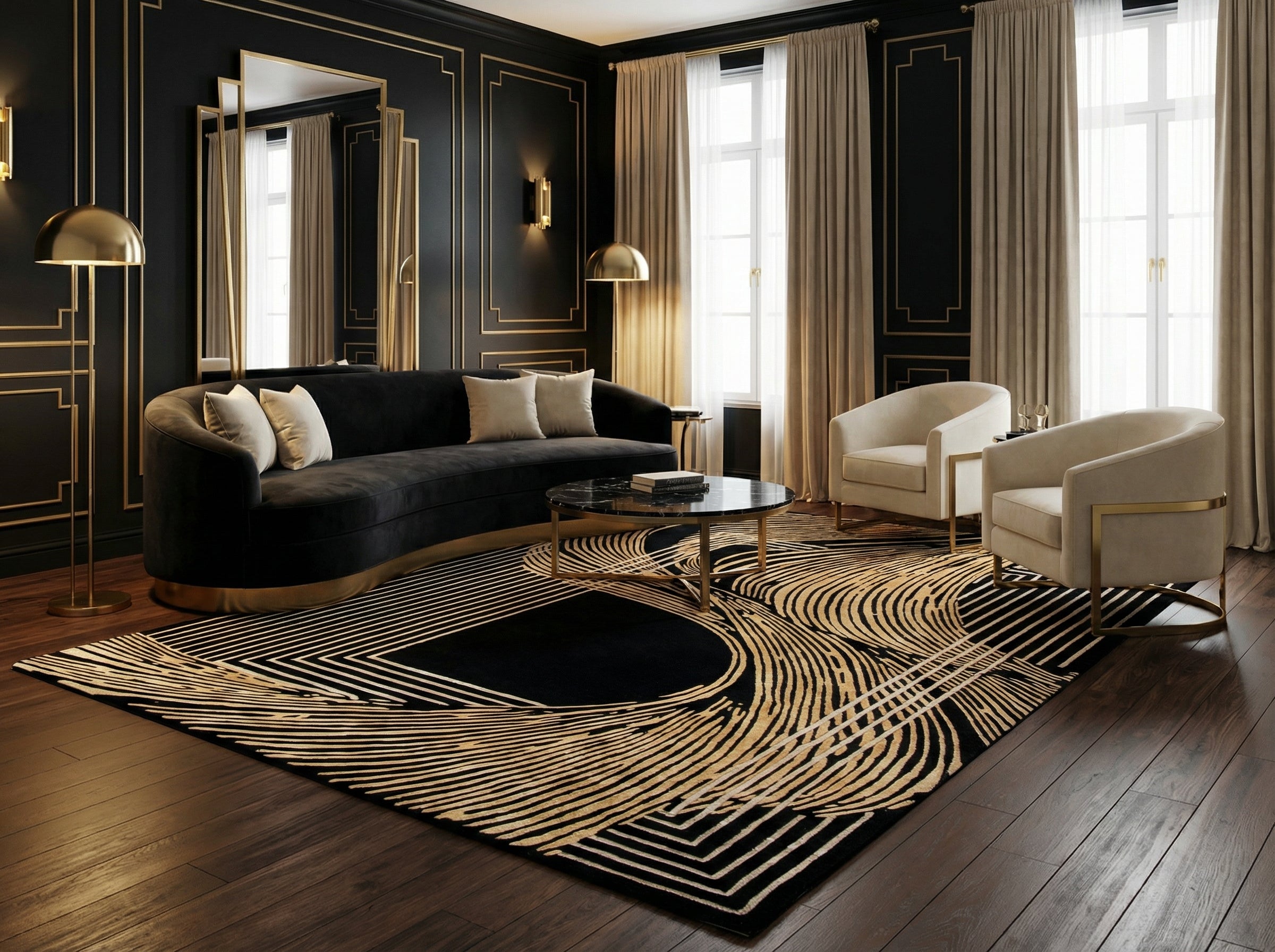 Tapis rectangulaire noir et doré dans une pièce luxueuse. Style déco, ambiance sophistiquée et élégante