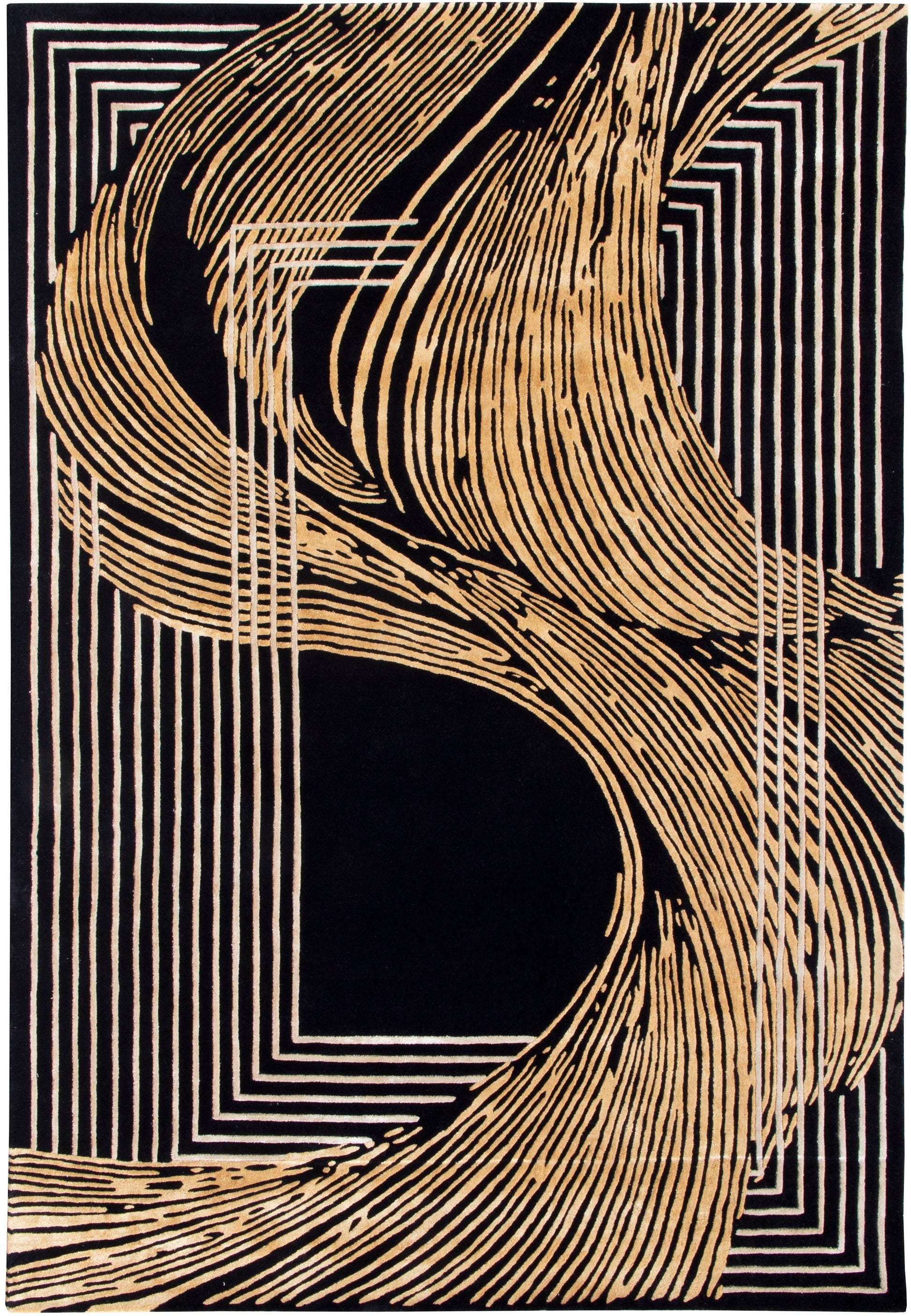 Tapis rectangulaire avec motif abstrait, lignes courbes beiges sur fond noir, style moderne