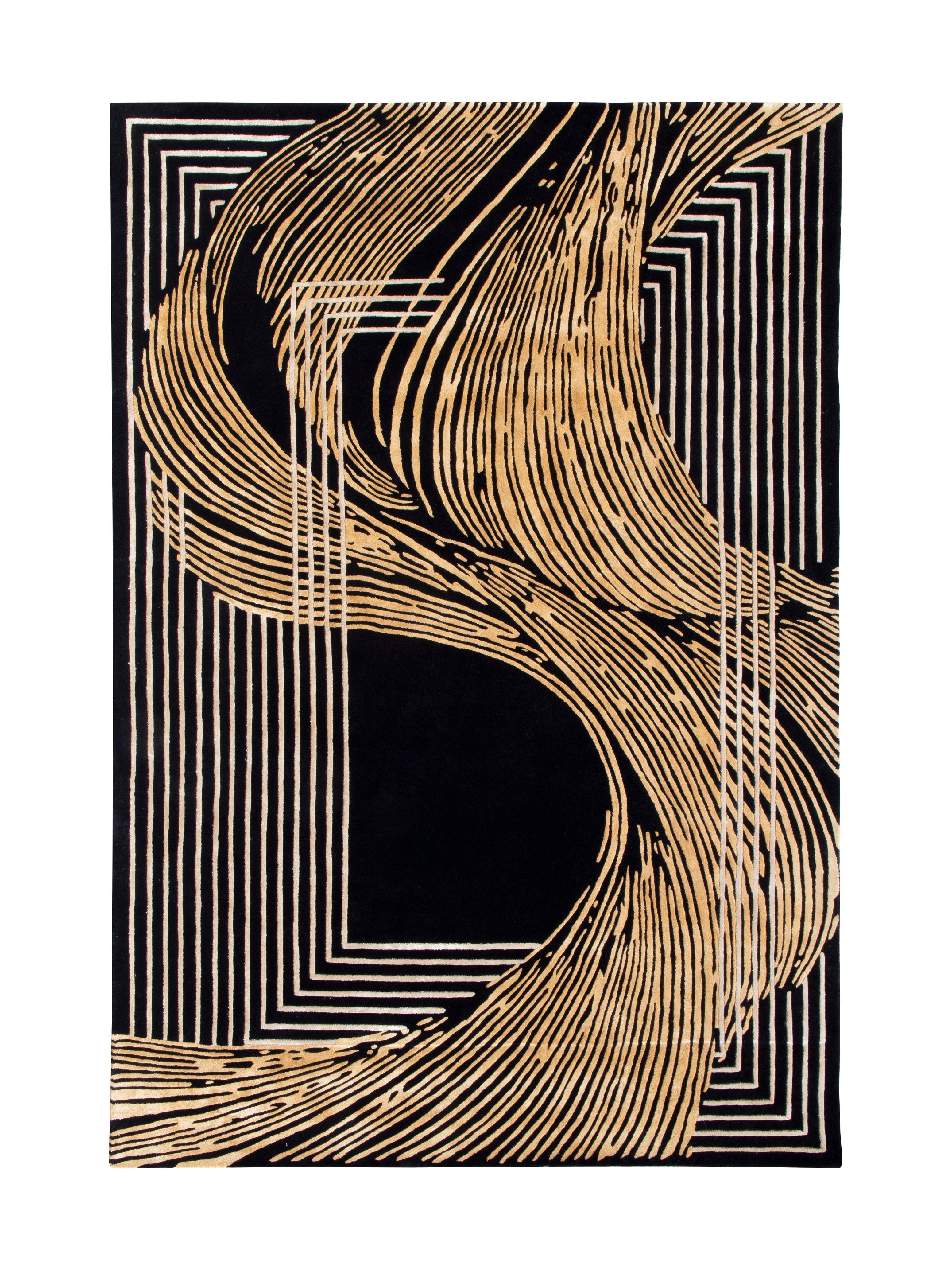 Tapis rectangulaire avec motif abstrait, lignes courbes beiges sur fond noir, style moderne