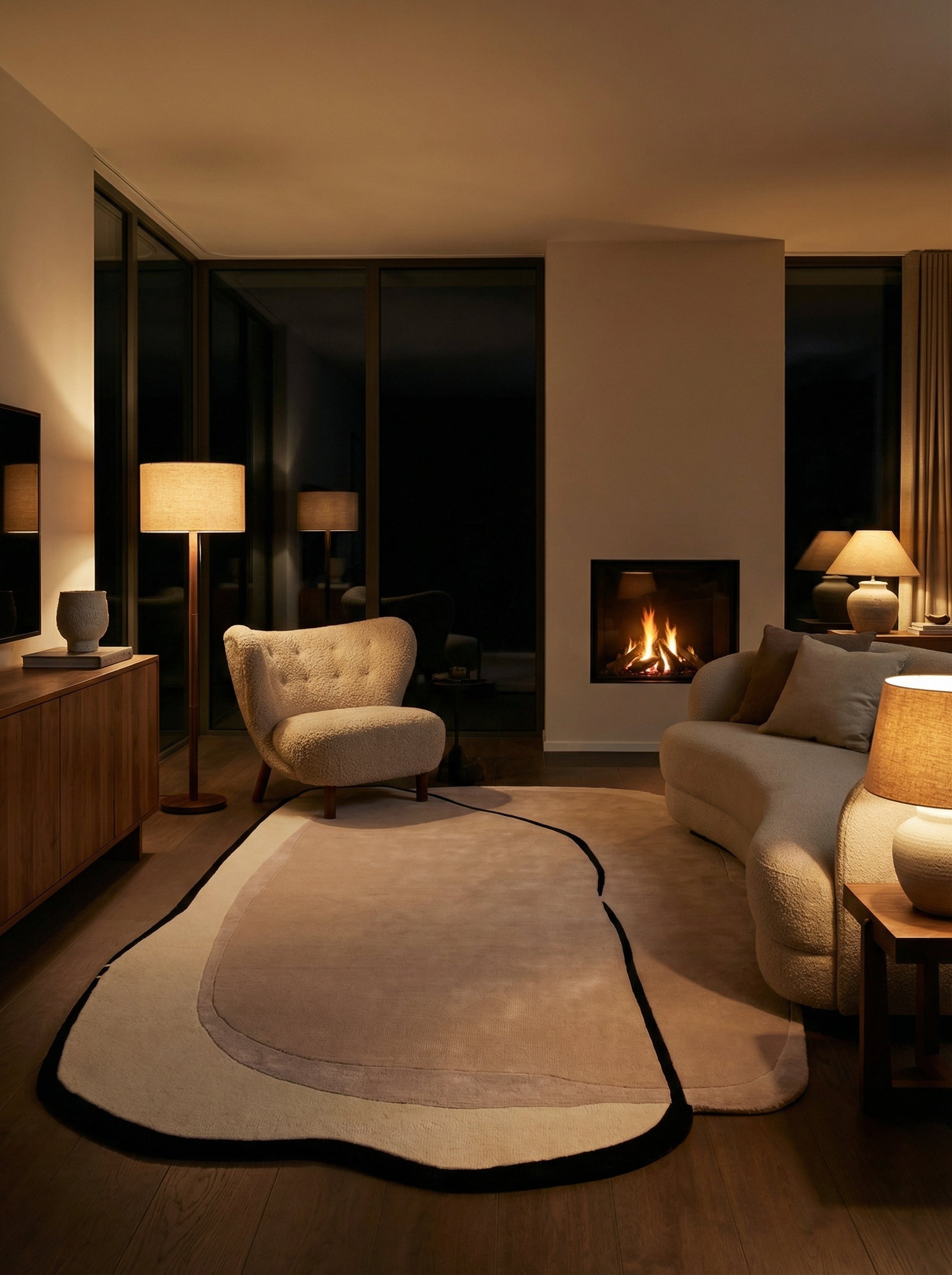 Tapis rectangulaire beige, bord noir, lumière chaude. Ambiance cosy dans la pièce