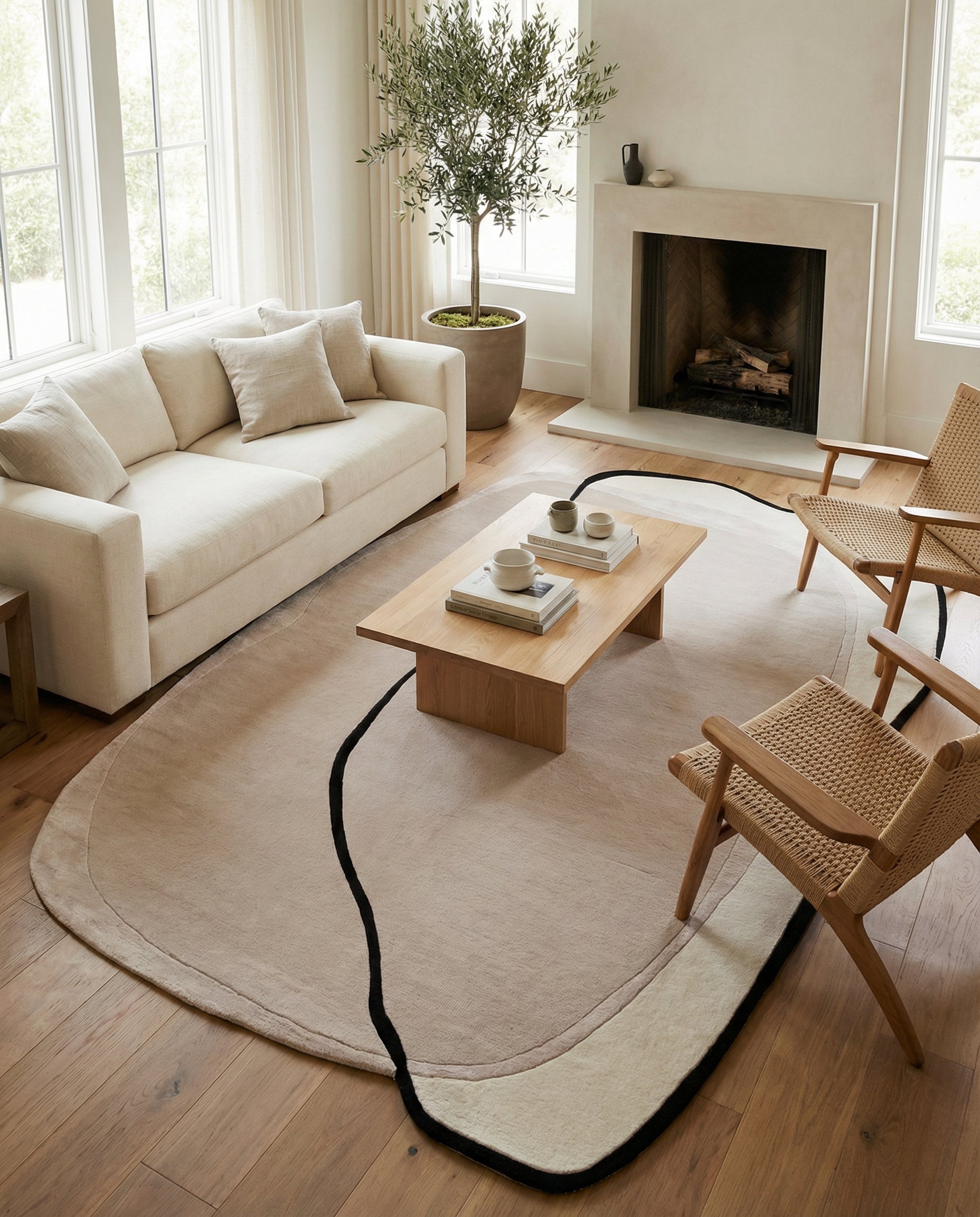 Tapis ovale beige et crème, bord noir, dans une pièce lumineuse. Il adoucit l'ambiance et délimite l'espace salon