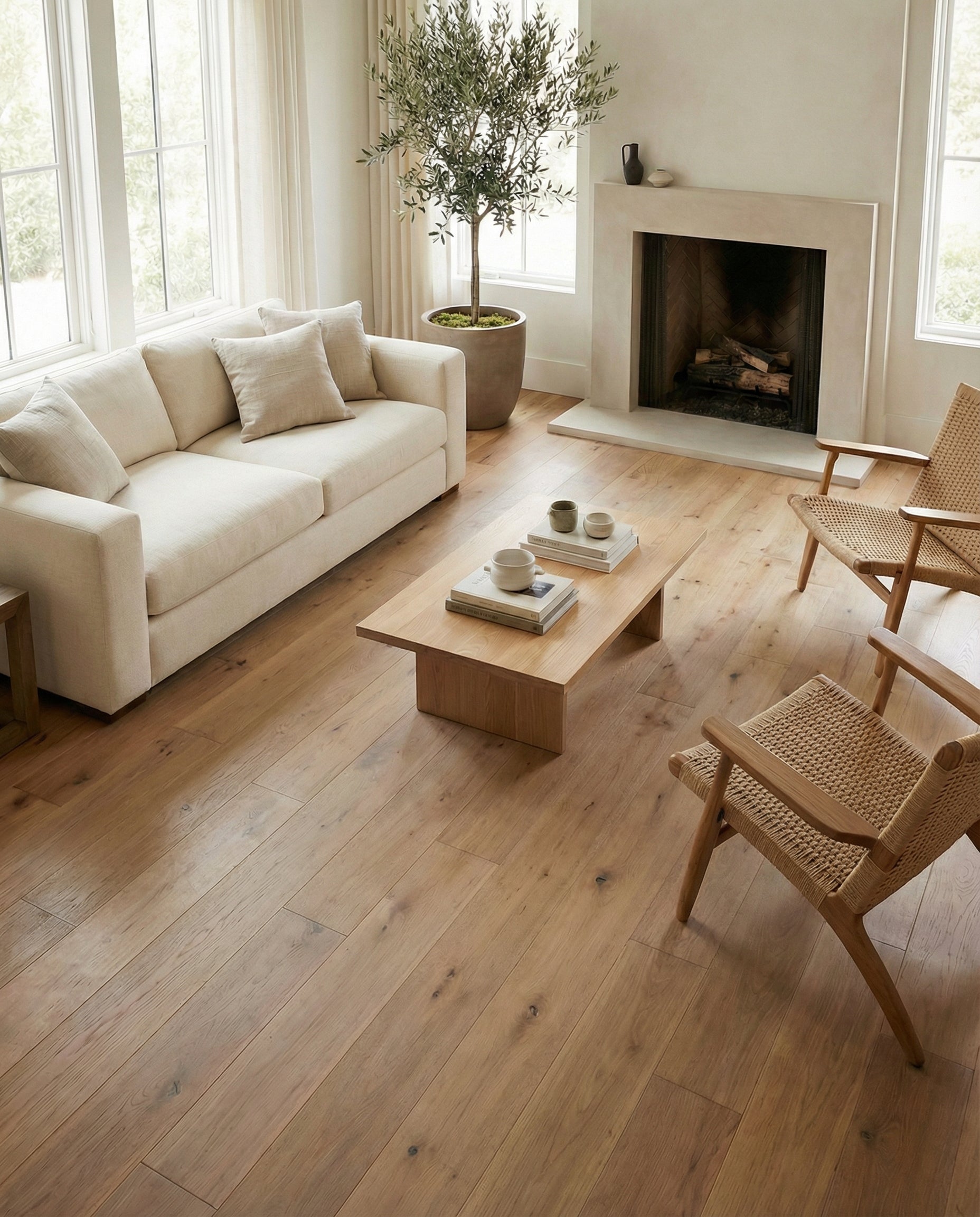 Pièce lumineuse avec plancher en bois clair, canapé beige, fauteuils en bois et table basse. Ambiance chaleureuse et neutre