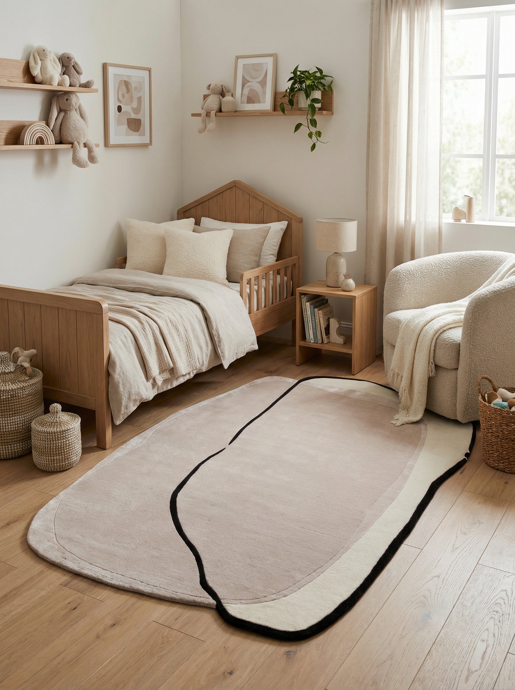 Tapis ovale dans une chambre harmonieuse. Beige et noir, il s'intègre au style épuré de la pièce