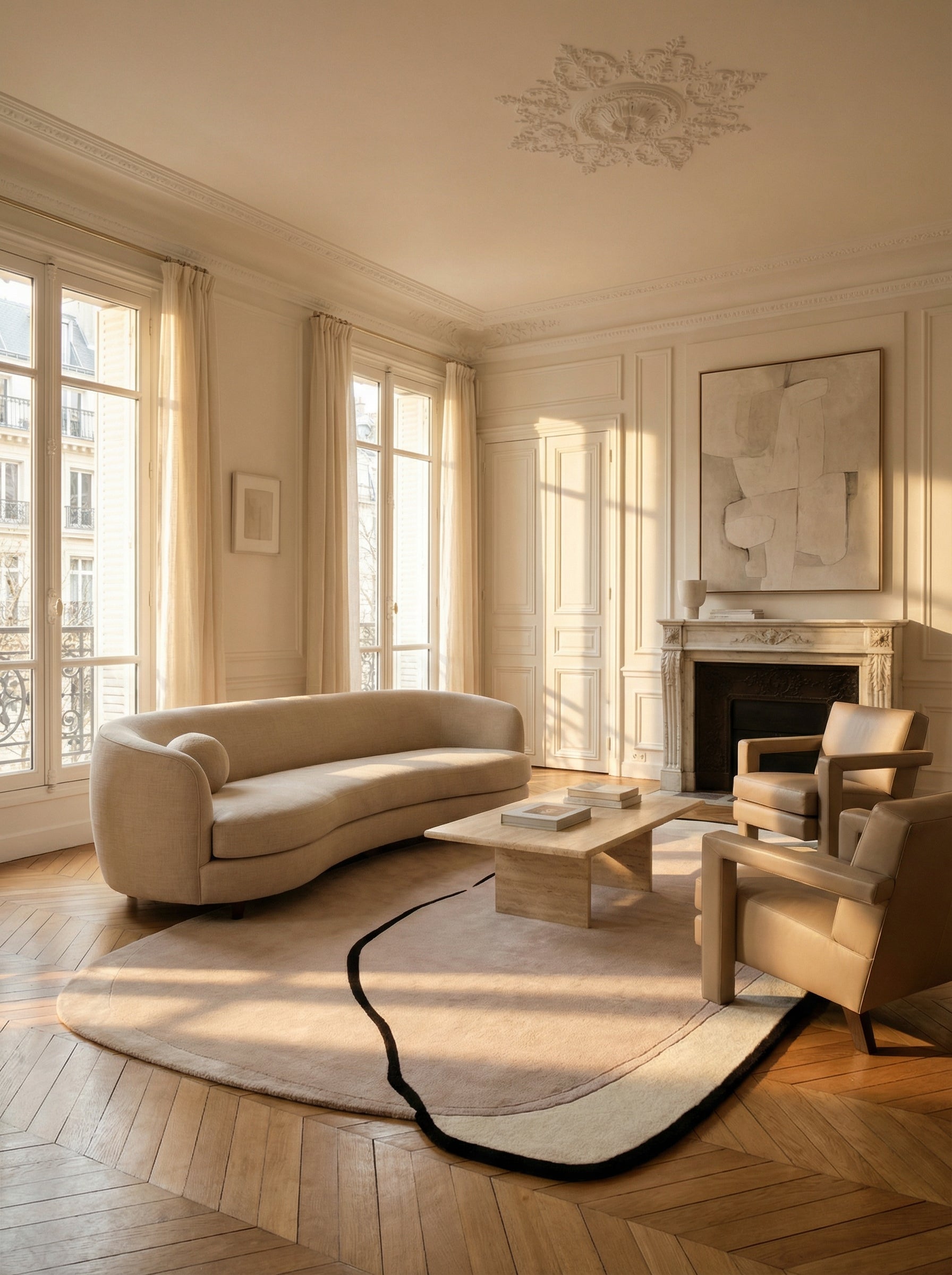 Tapis rectangulaire beige et noir, ambiance élégante dans un salon classique. Style épuré, pièce lumineuse