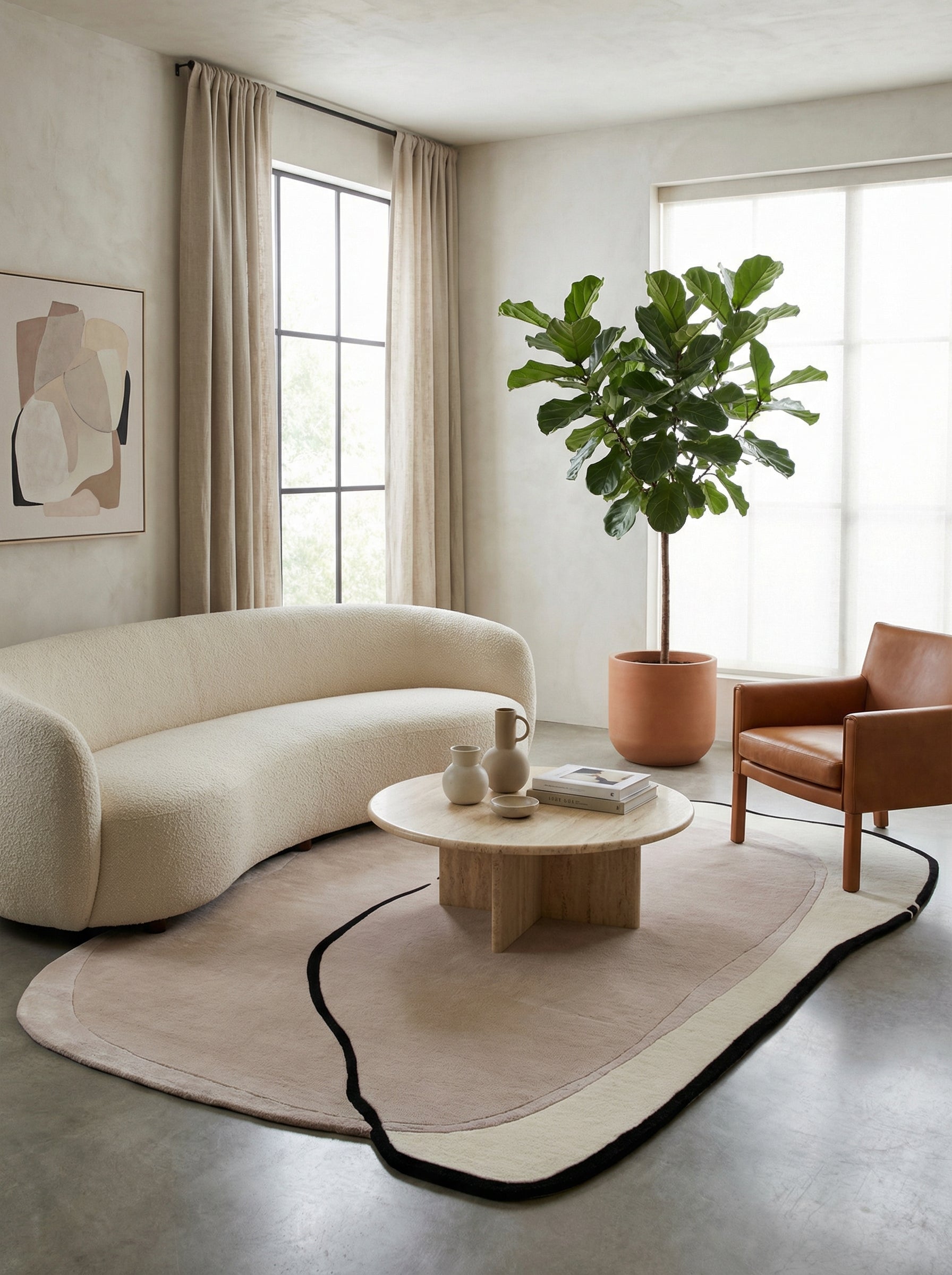 Tapis rectangulaire beige, design épuré, style contemporain. Pièce moderne, ambiance chaleureuse