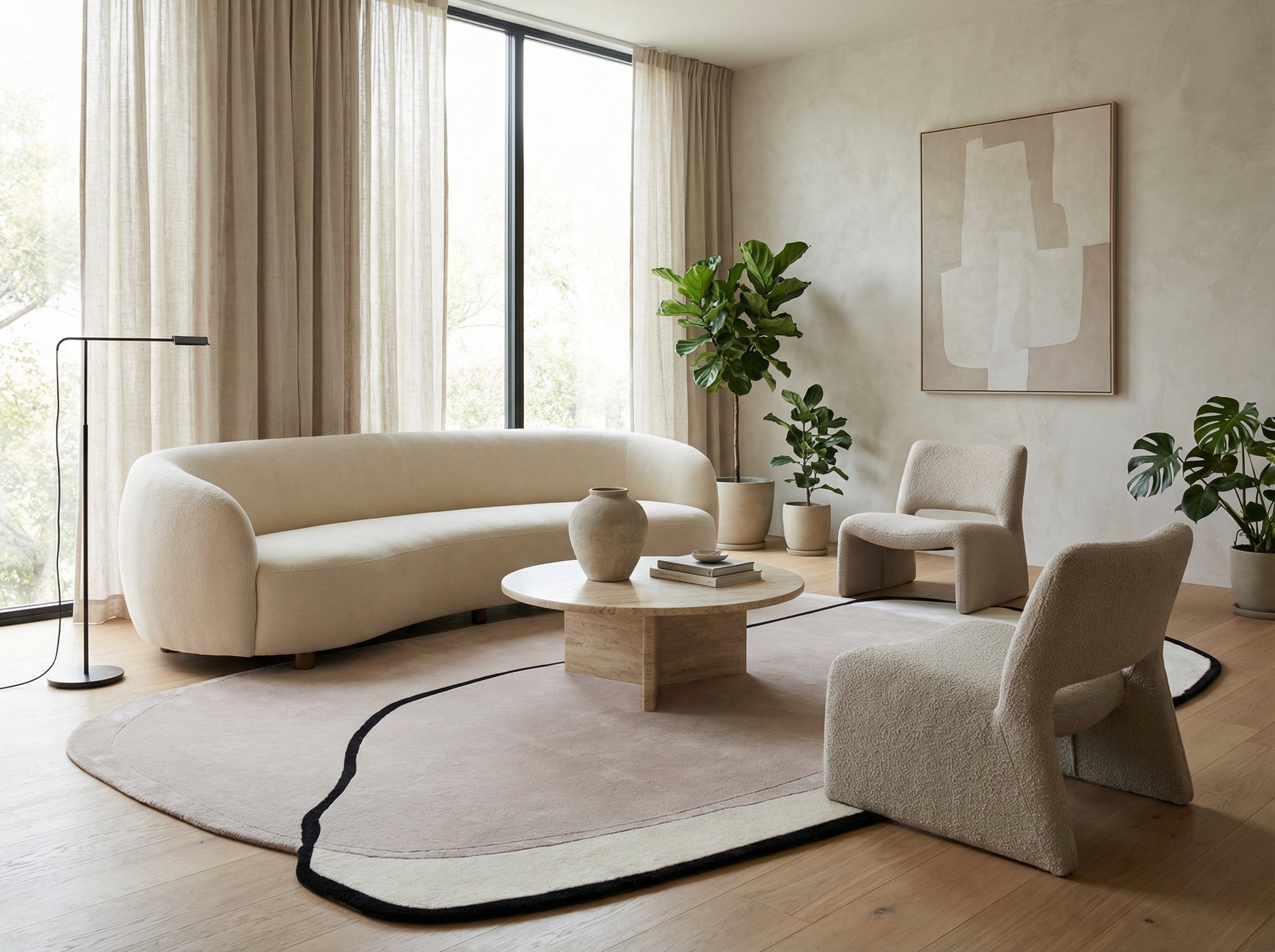 Pièce beige, tapis ovale clair et noir, style déco épuré, ambiance douce et chaleureuse