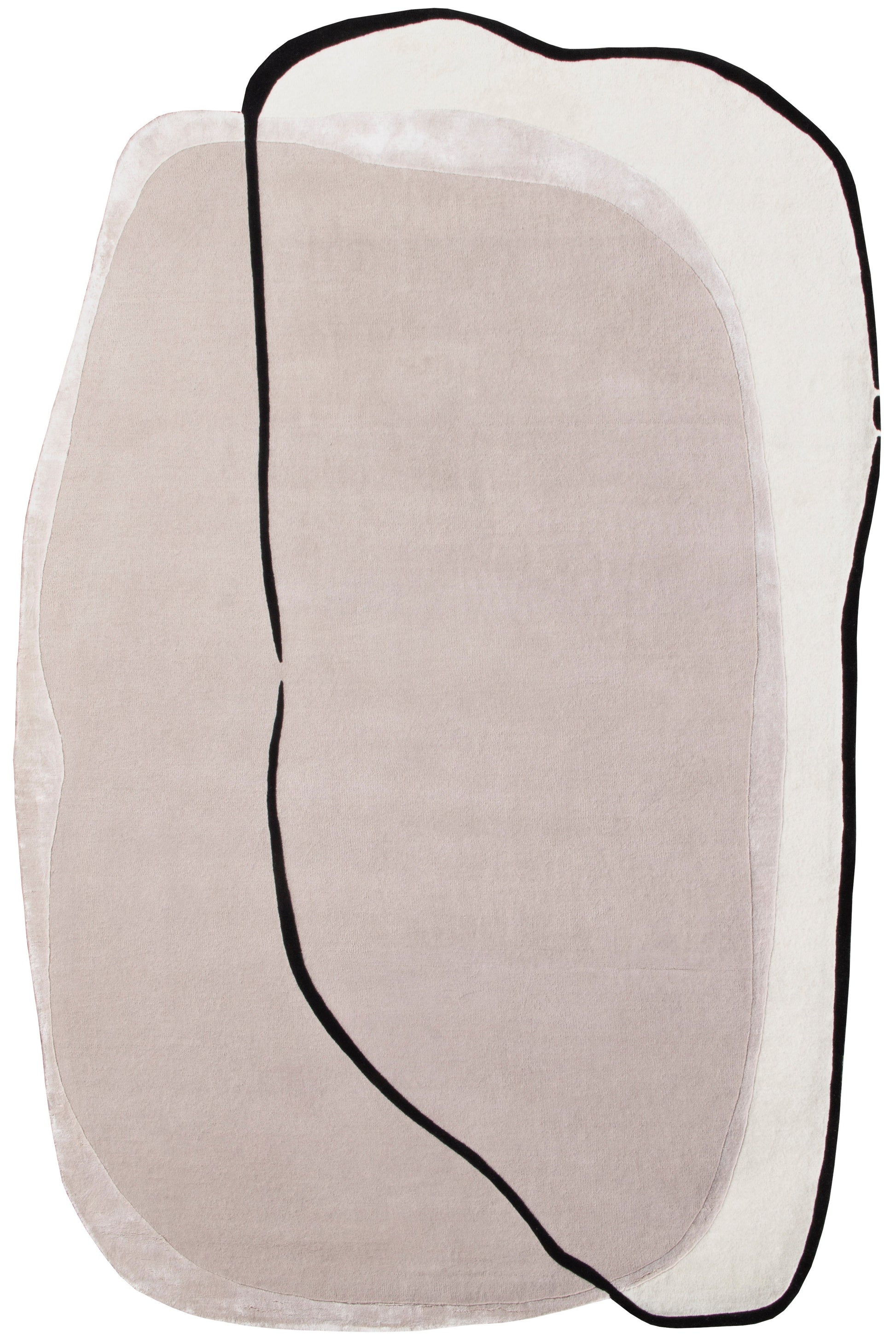 Tapis de style abstrait avec des formes ovales et des couleurs beige et blanc, bordé de noir