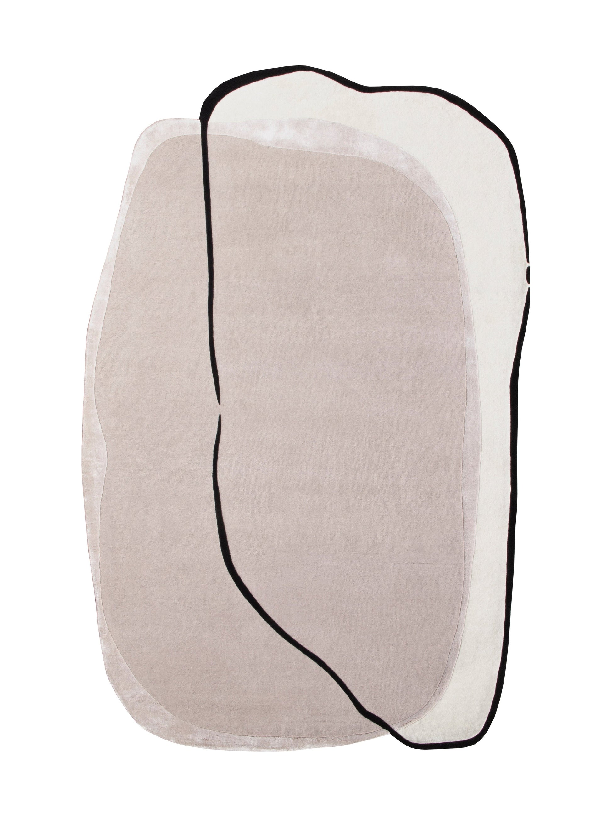 Tapis de style abstrait avec des formes ovales et des couleurs beige et blanc, bordé de noir