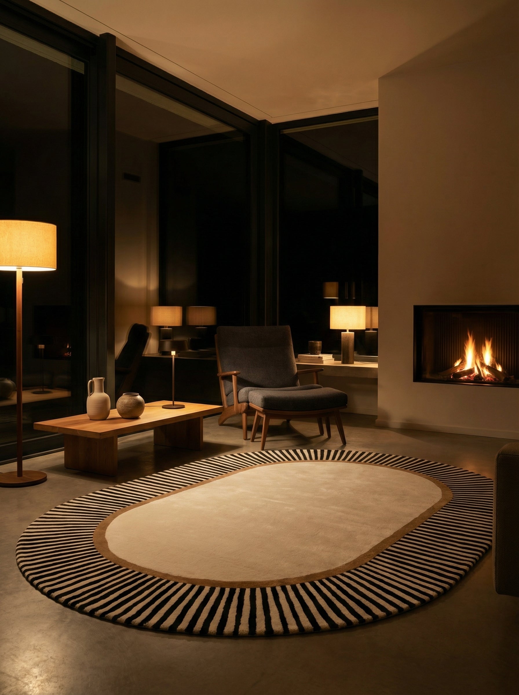 Tapis ovale, pièce chaleureuse. Lumière douce, ambiance soir. Couleur beige et rayures noires