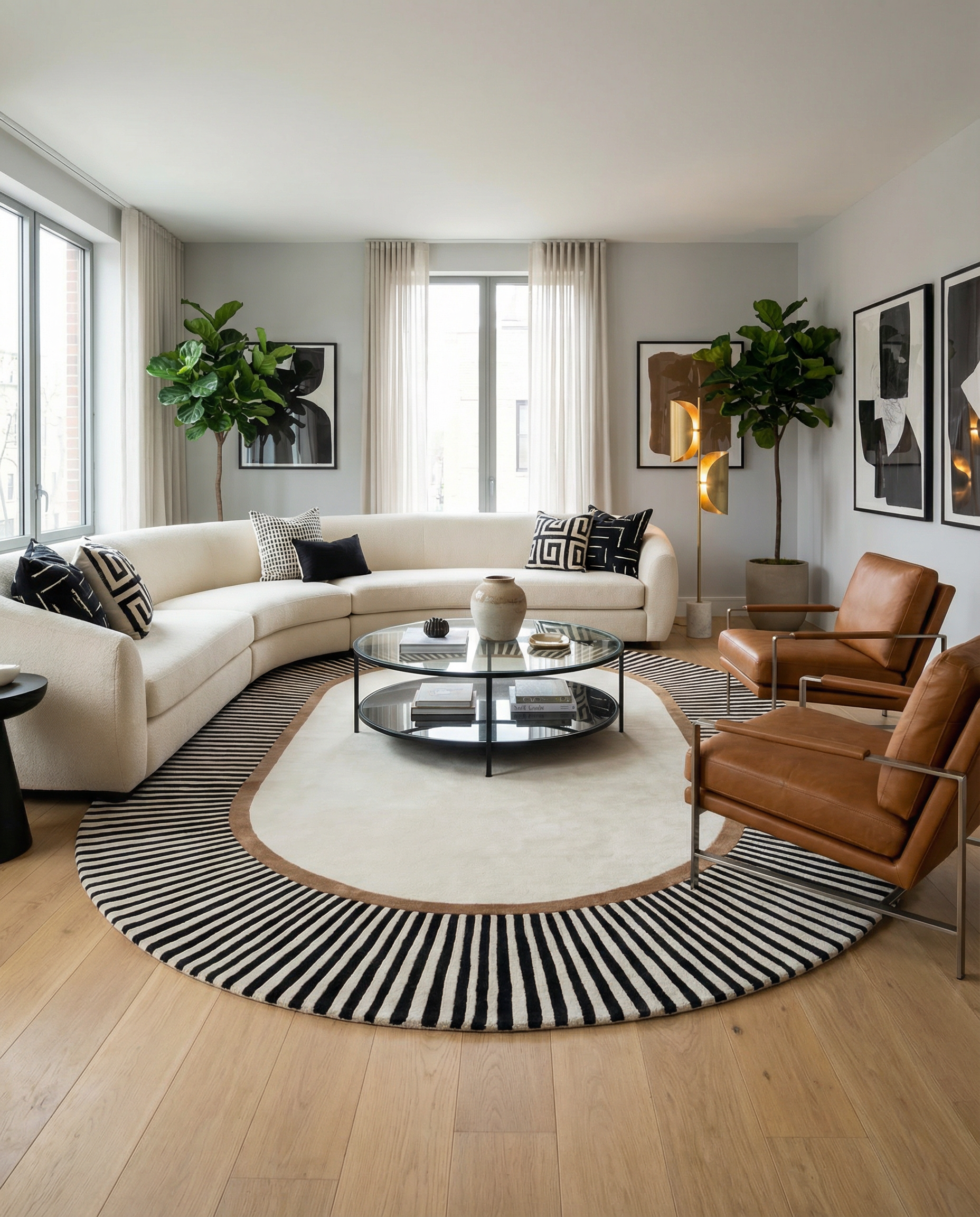 Tapis ovale noir et blanc, pièce harmonieuse. Le type de tapis et la couleur créent une ambiance