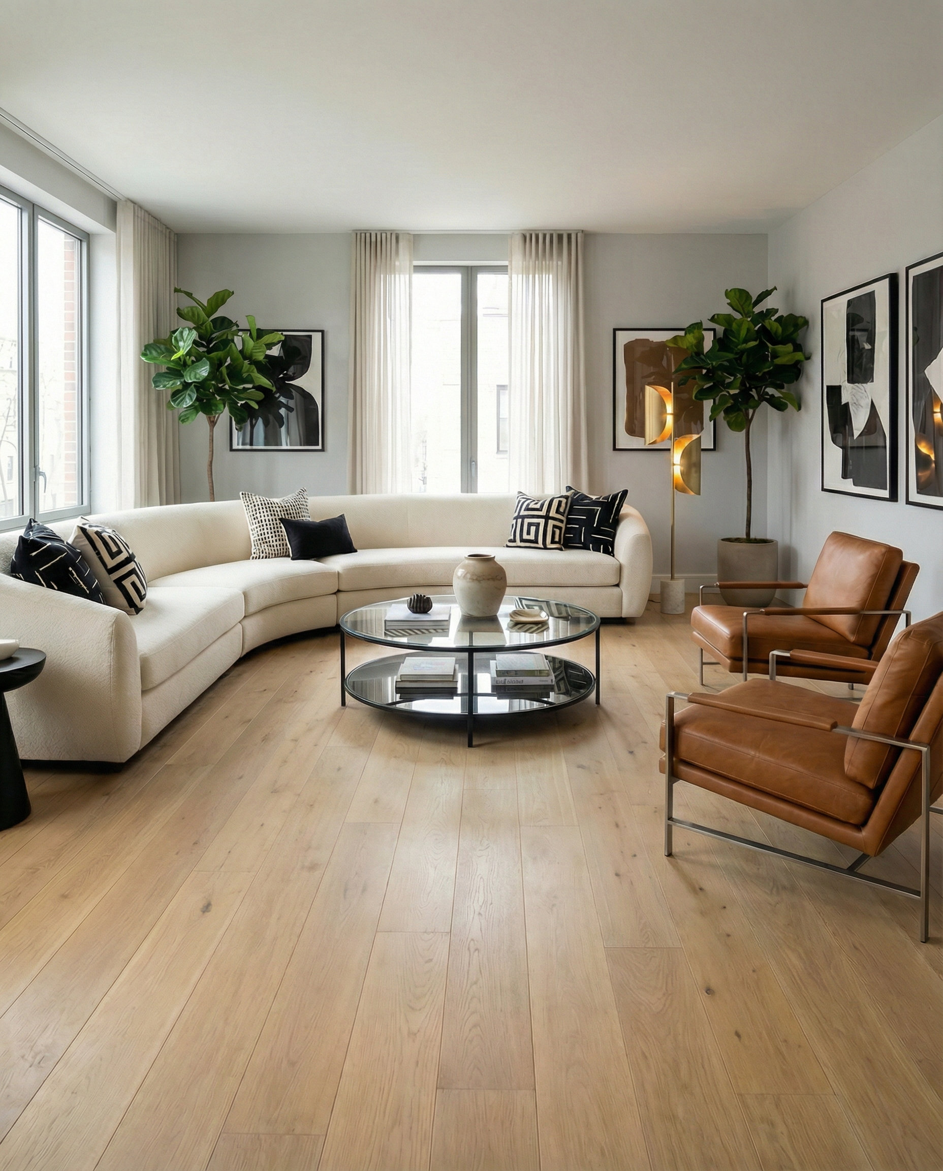 Potentiel tapis: pièce avec plancher bois clair, canapé blanc et fauteuils cuir. Table ronde en verre