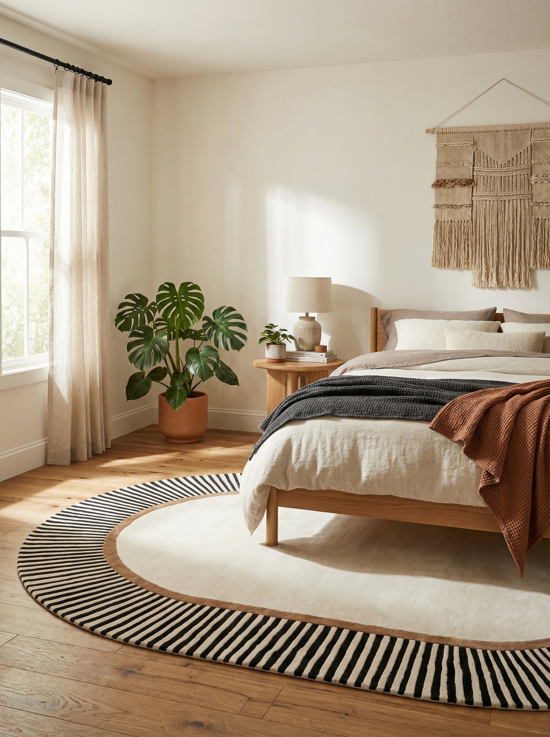 Tapis ovale noir et blanc dans une chambre apaisante, ambiance zen