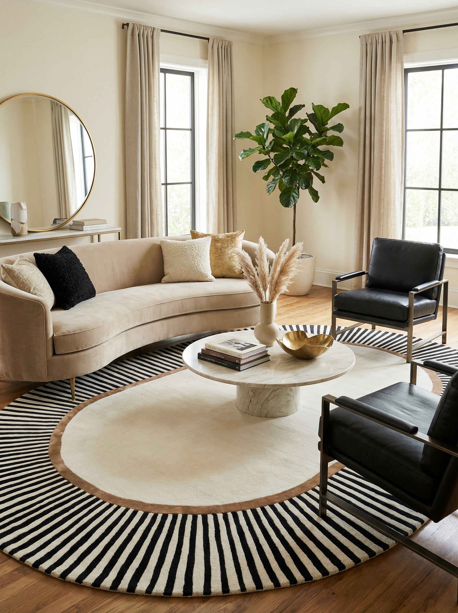 Tapis ovale design épuré, harmonie dans cette pièce. Noir et blanc, couleur neutre. Type tapis moderne