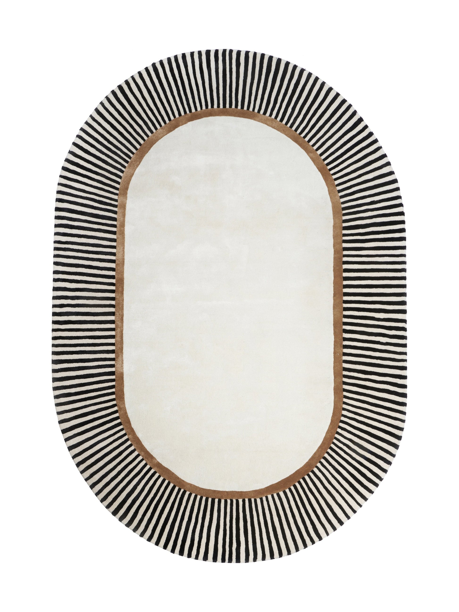 Tapis de type ovale, rayures noires et blanches, pièce beige et marron