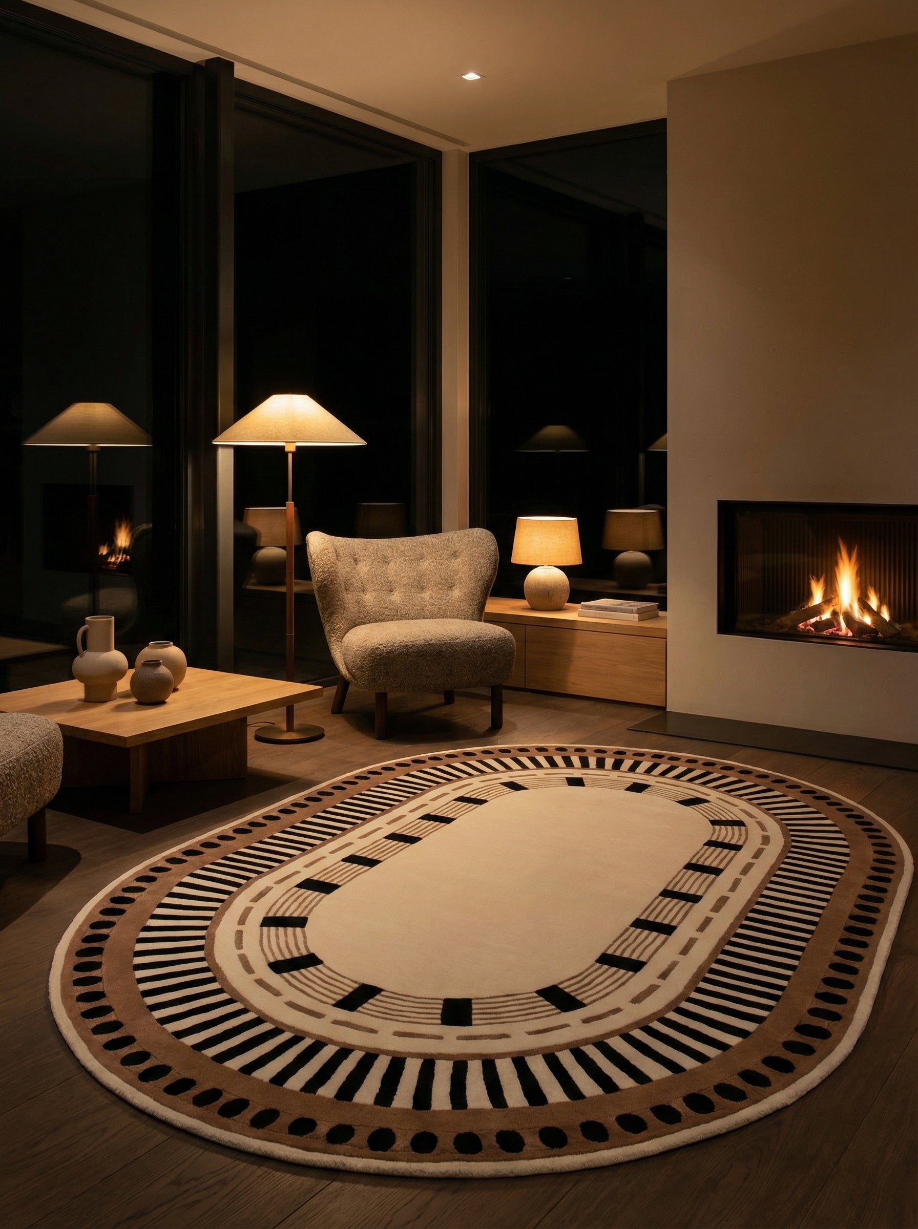 Tapis ovale aux tons ivoire, motifs géométriques. Lumière chaude, ambiance cosy dans la pièce