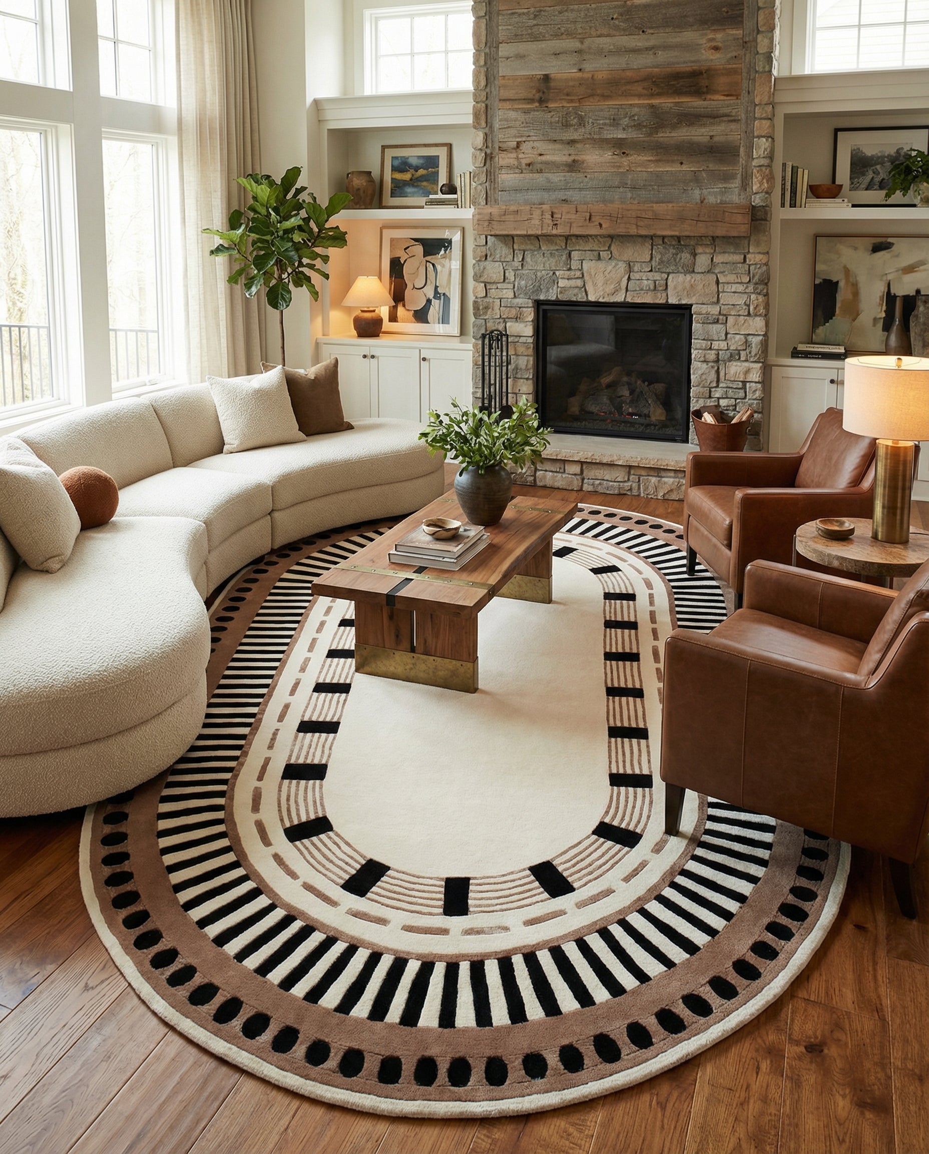 Tapis ovale aux motifs géométriques noirs et bruns. La pièce est chaleureuse et accueillante grâce à ce tapis