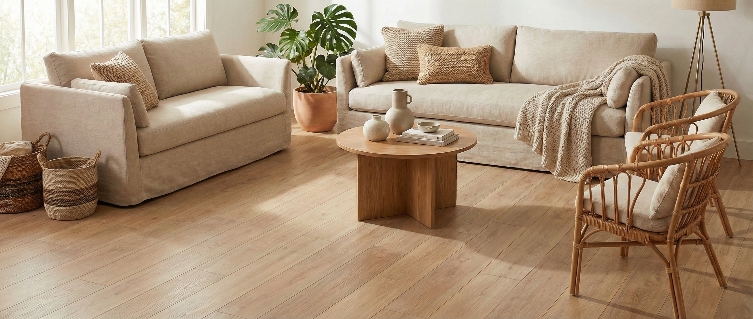 Pièce lumineuse avec canapé et fauteuils beiges, table basse ronde, chaises en rotin. Sol clair, espace vide pour un tapis