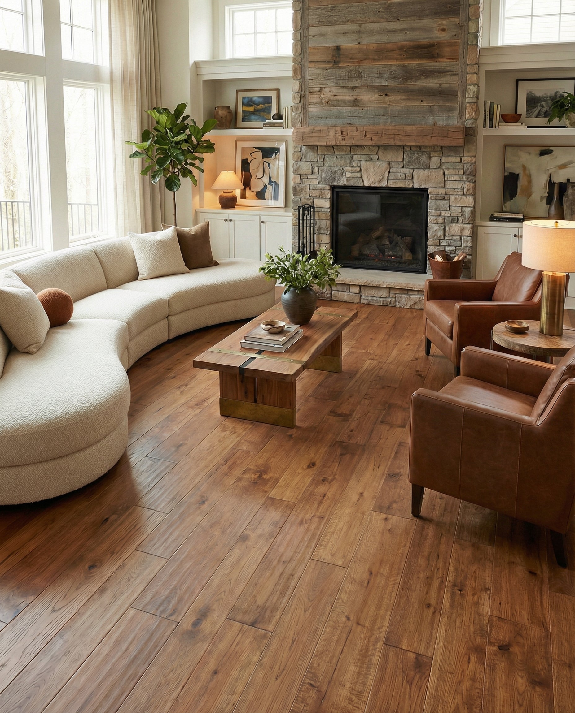 Pièce avec canapé et fauteuils en cuir marron. Plancher en bois brun. Espace à transformer. Ambiance chaleureuse