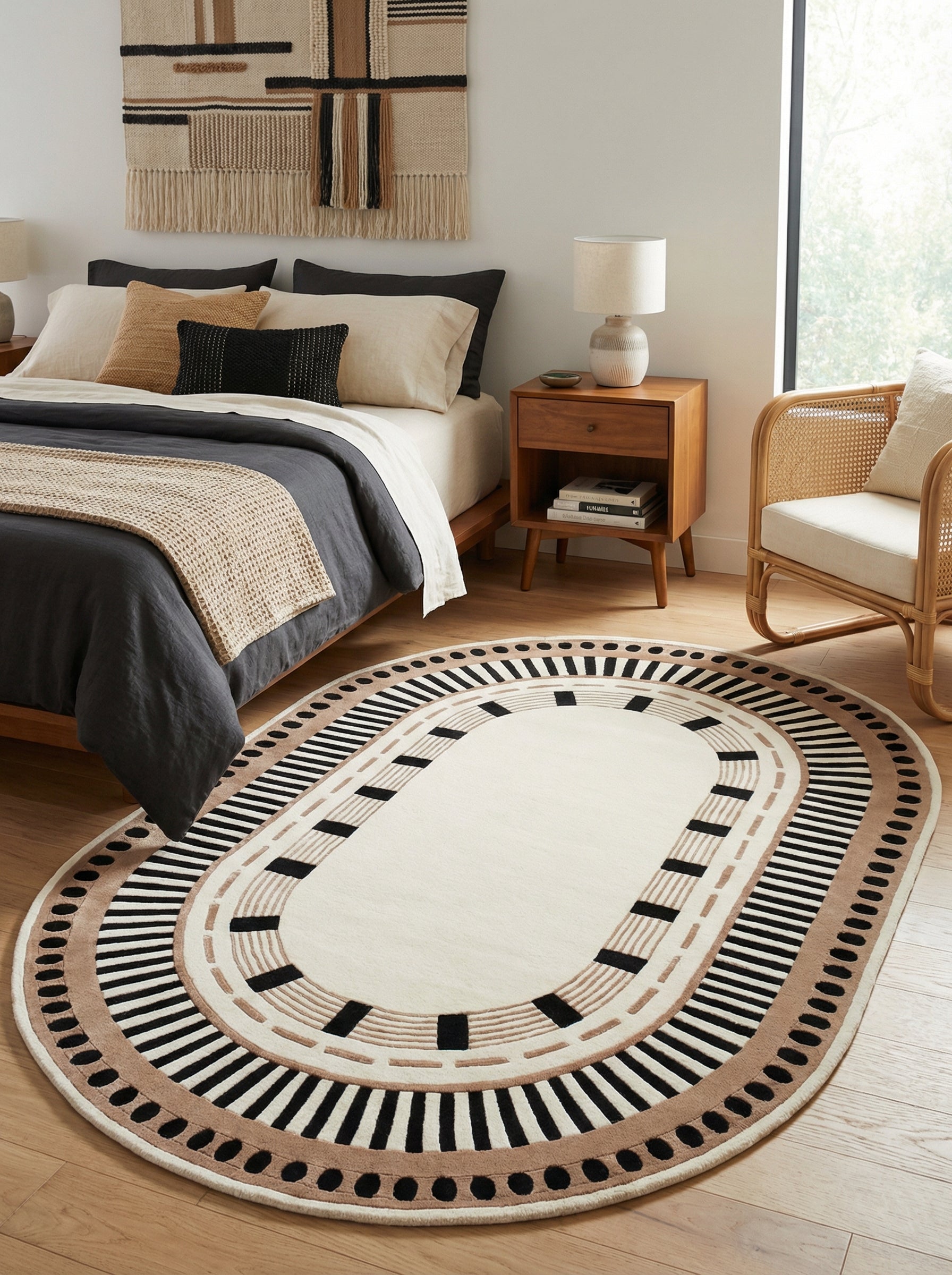 Tapis ovale aux couleurs ivoire et ambre, harmonie dans la chambre. Style de pièce bohème