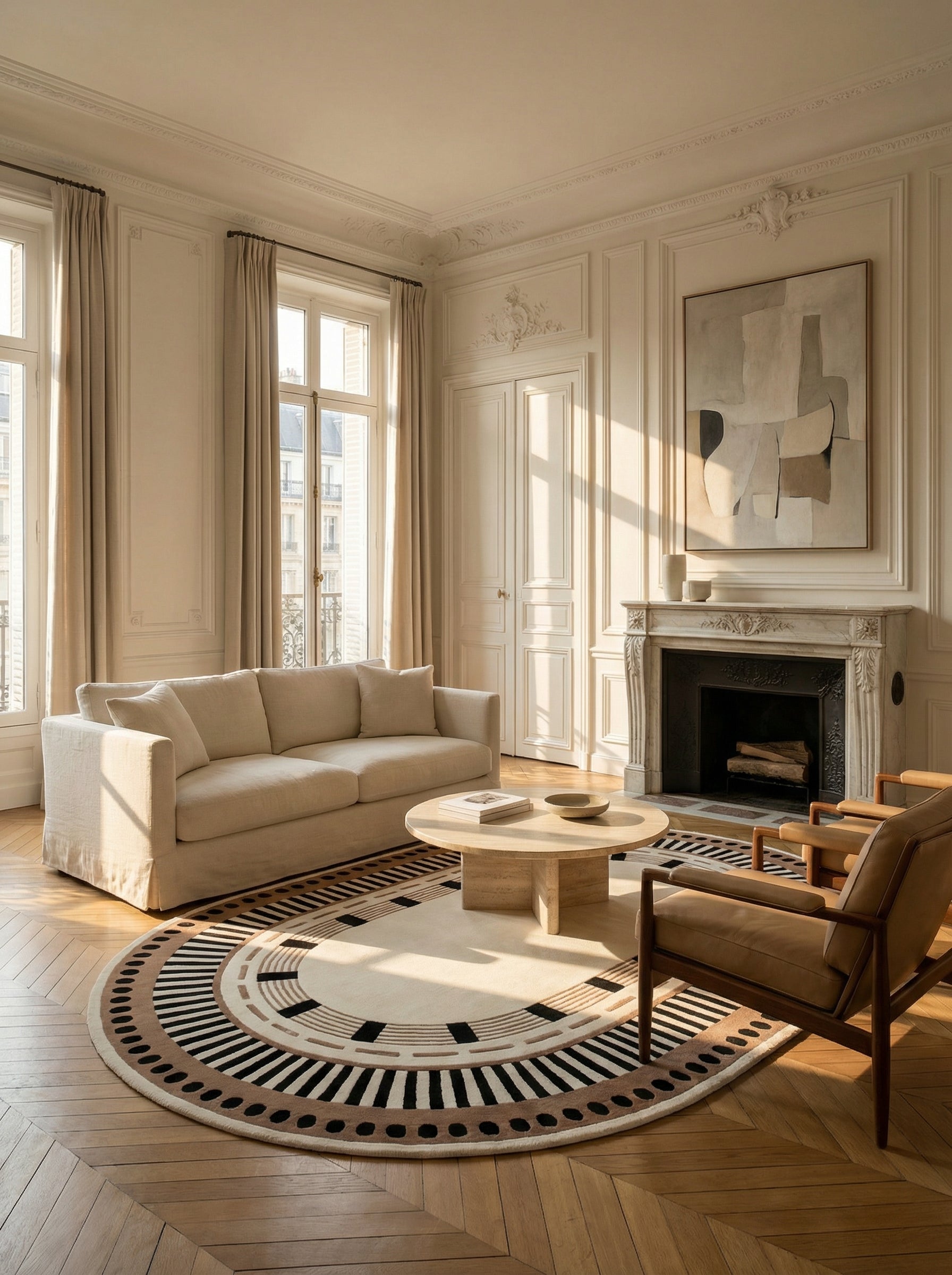 Tapis ovale ivoire et motifs géométriques noirs et bruns, dans un salon élégant au style classique