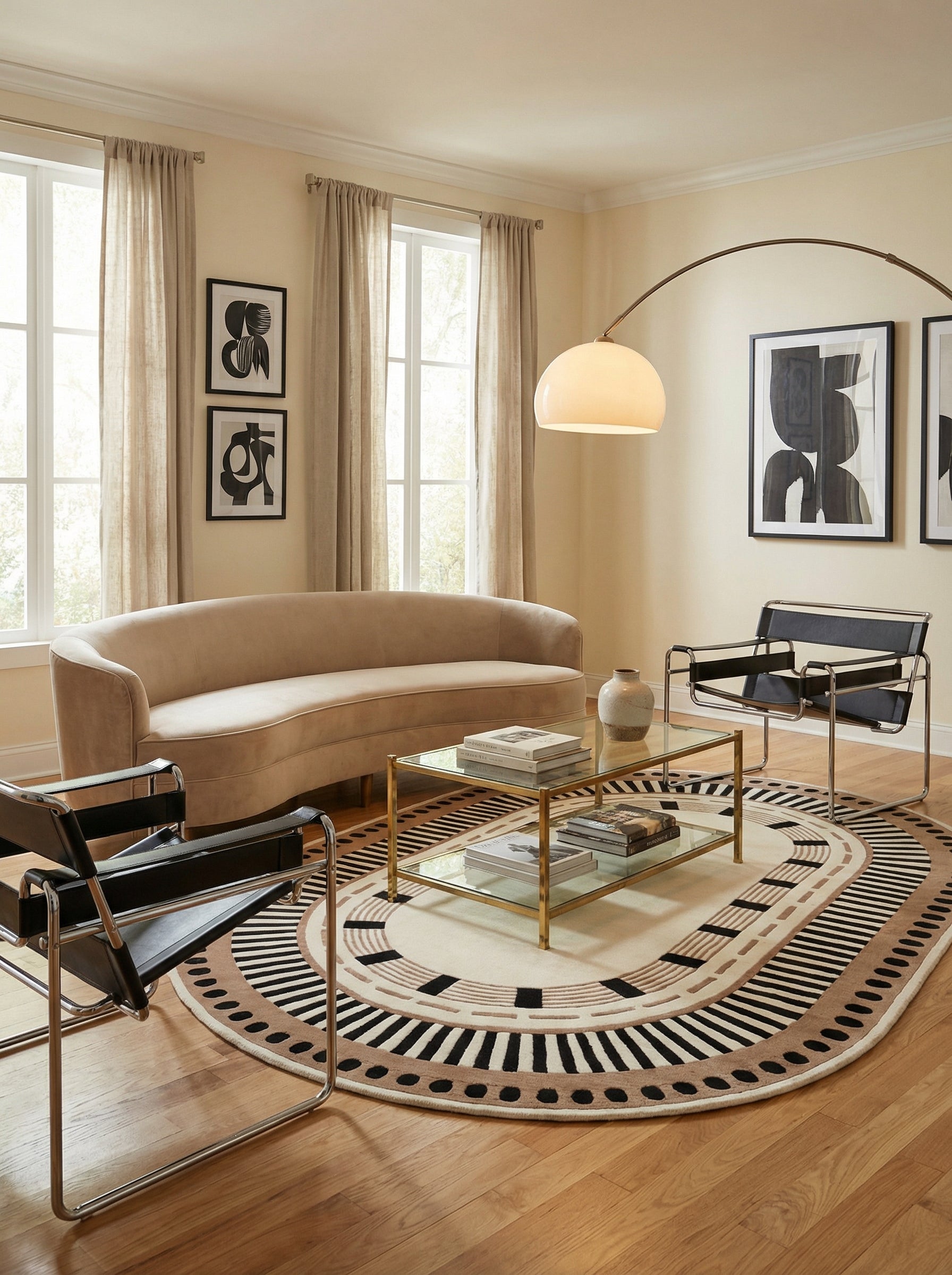 Tapis ovale au design épuré. Couleurs ivoire, noir et marron. Style contemporain pour ce salon