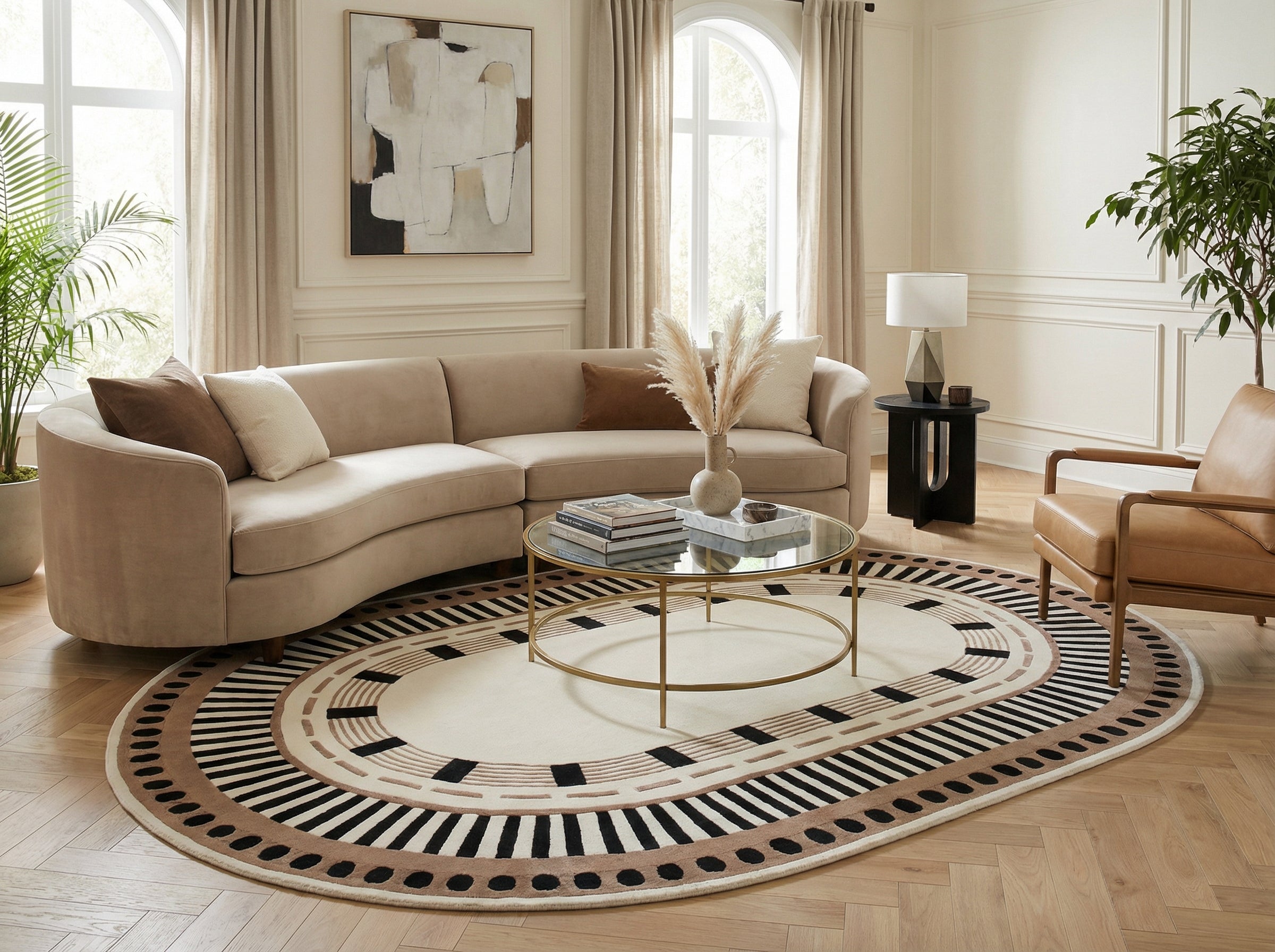 Tapis ovale aux motifs géométriques noirs et bruns, ambiance chaleureuse dans un salon ivoire, style déco moderne