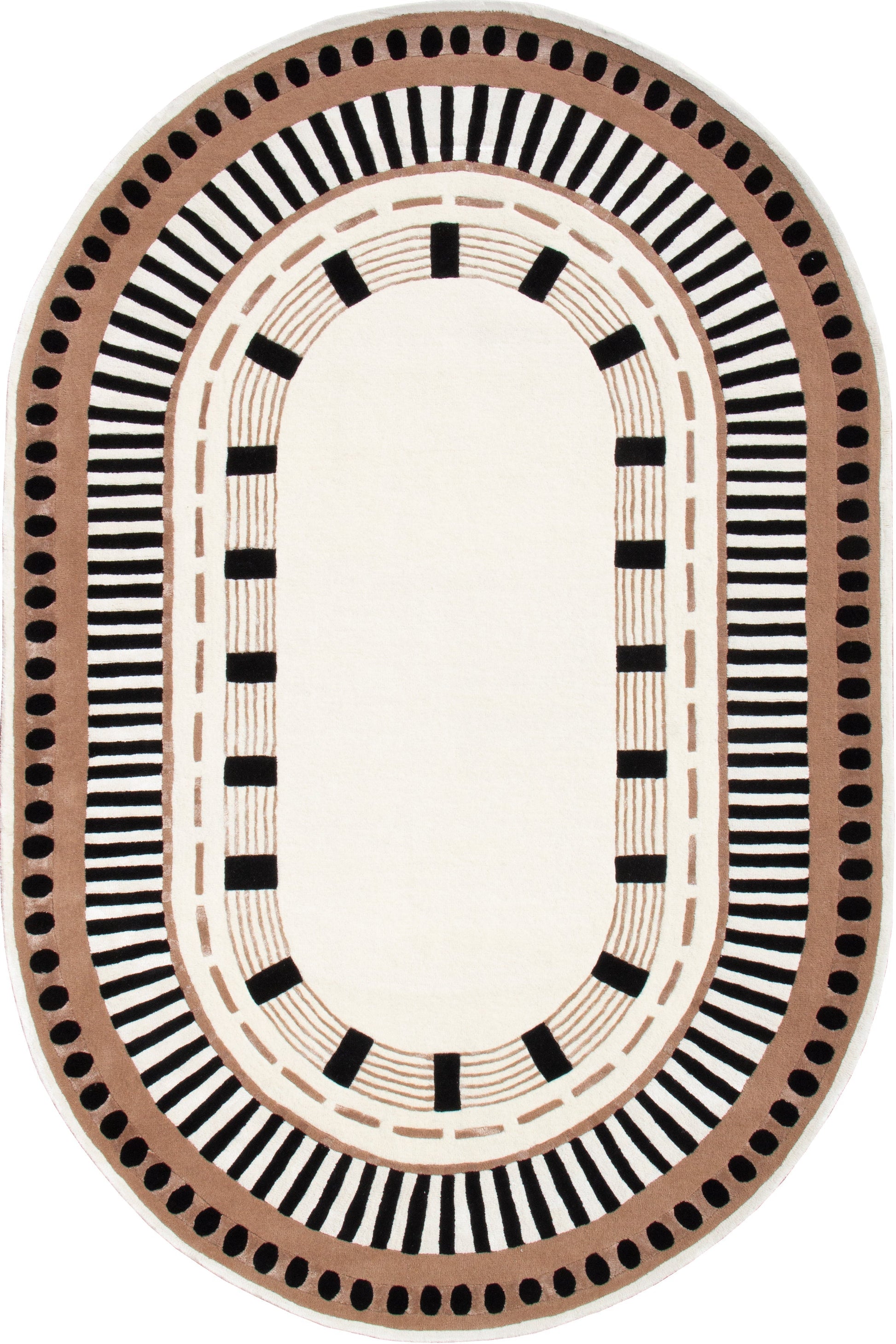 Tapis ovale avec motif géométrique noir, marron et ivoire, ambiance moderne