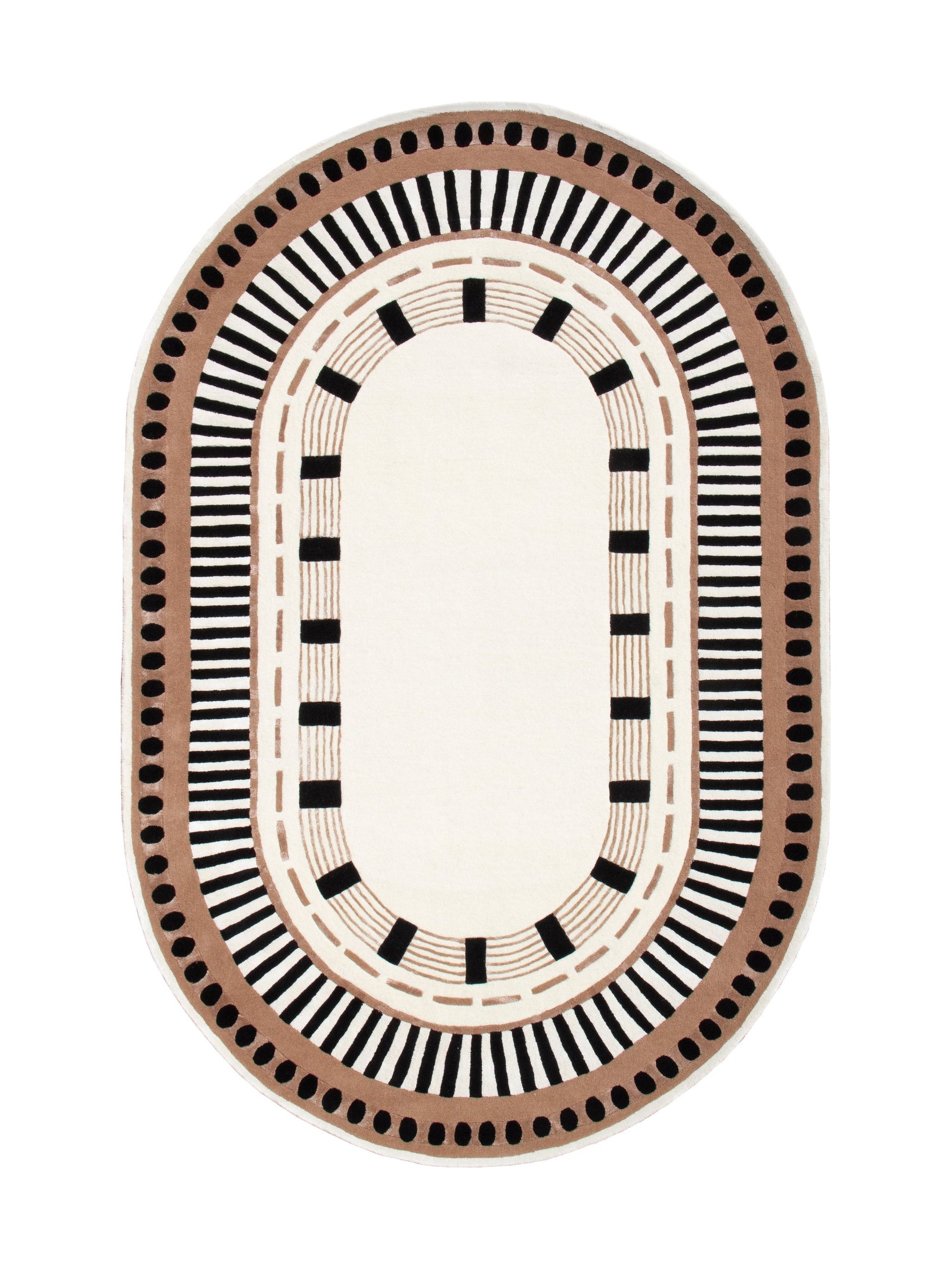 Tapis ovale avec motif géométrique noir, marron et ivoire, ambiance moderne