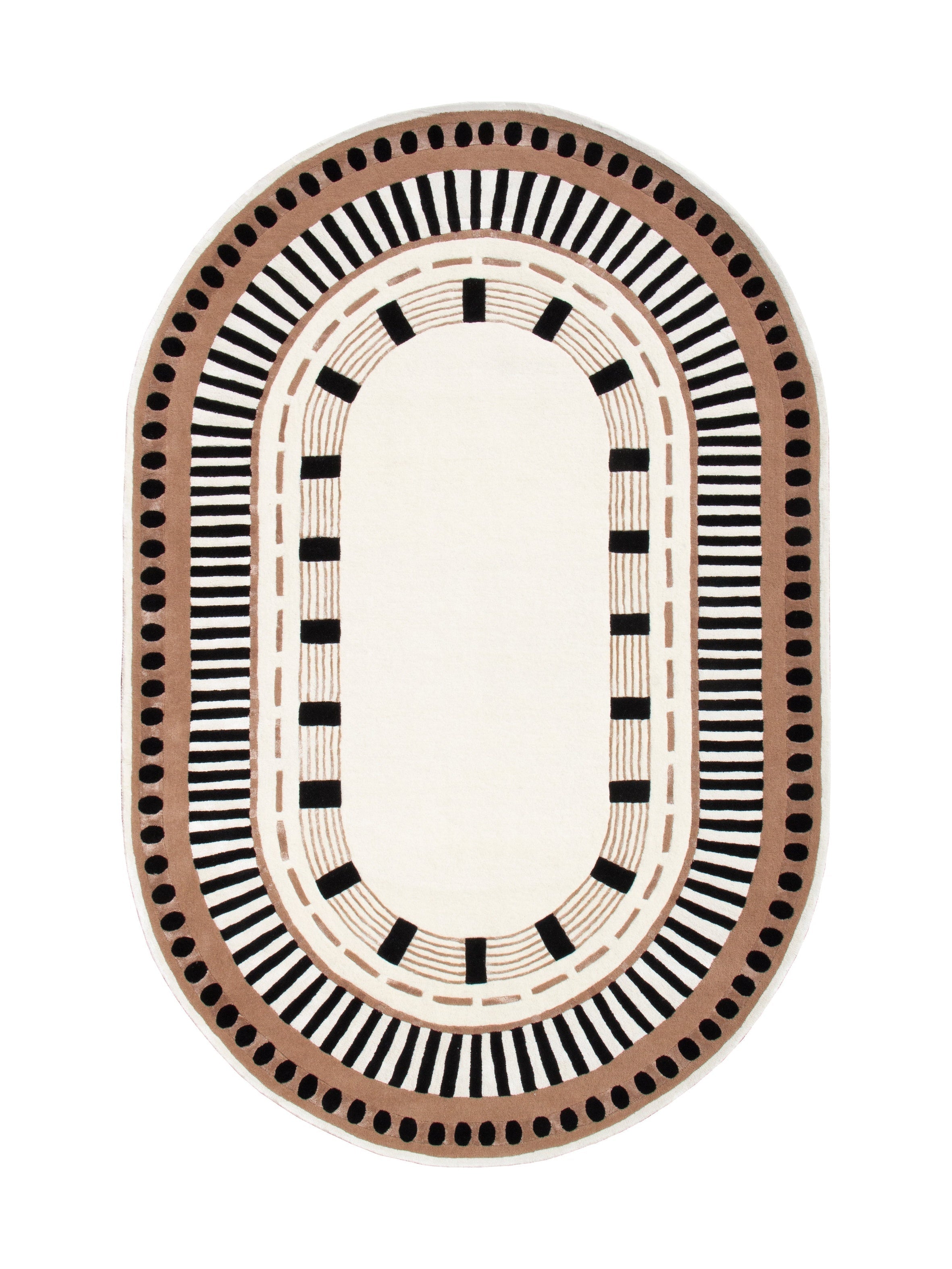 Tapis ovale avec motif géométrique noir, marron et ivoire, ambiance moderne