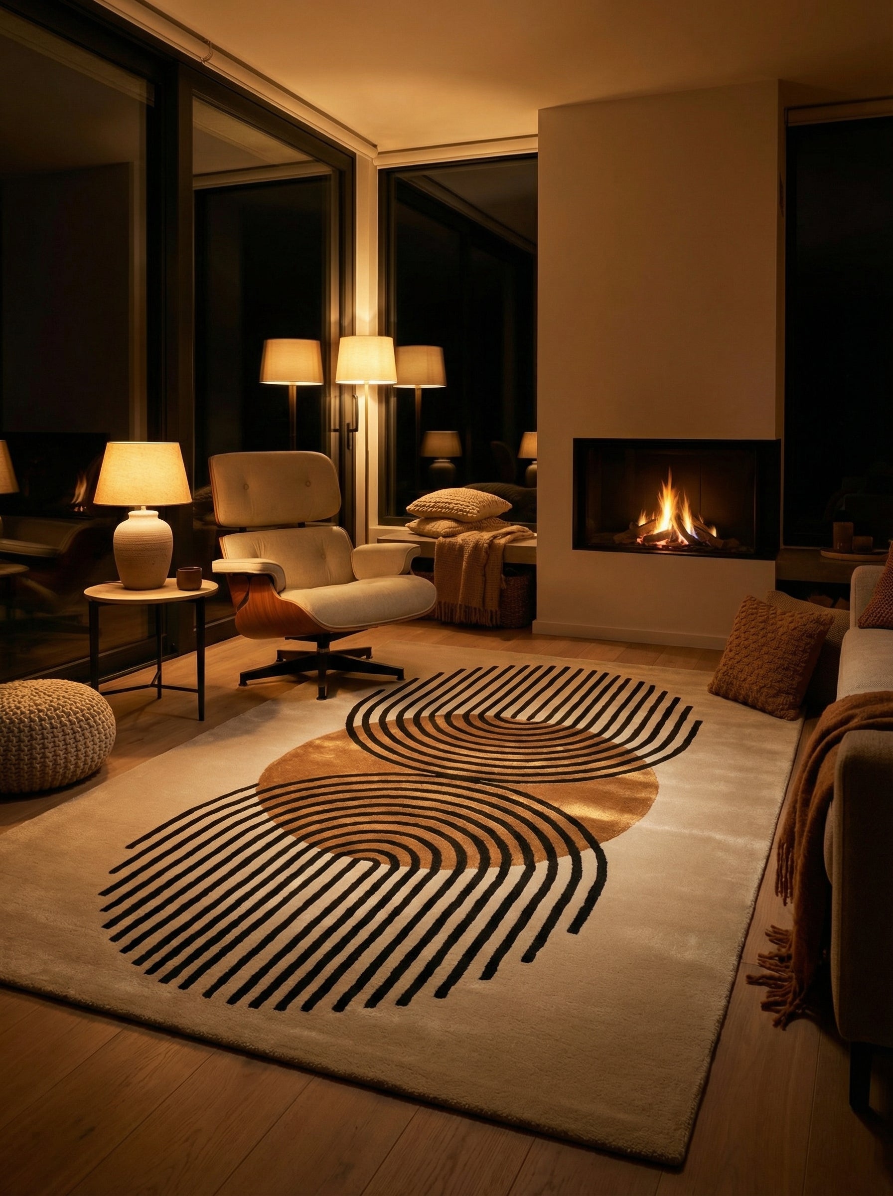 Tapis beige, motifs noirs et bruns, pièce chaleureuse. Lumière douce, ambiance soir. Formes rondes/ovales