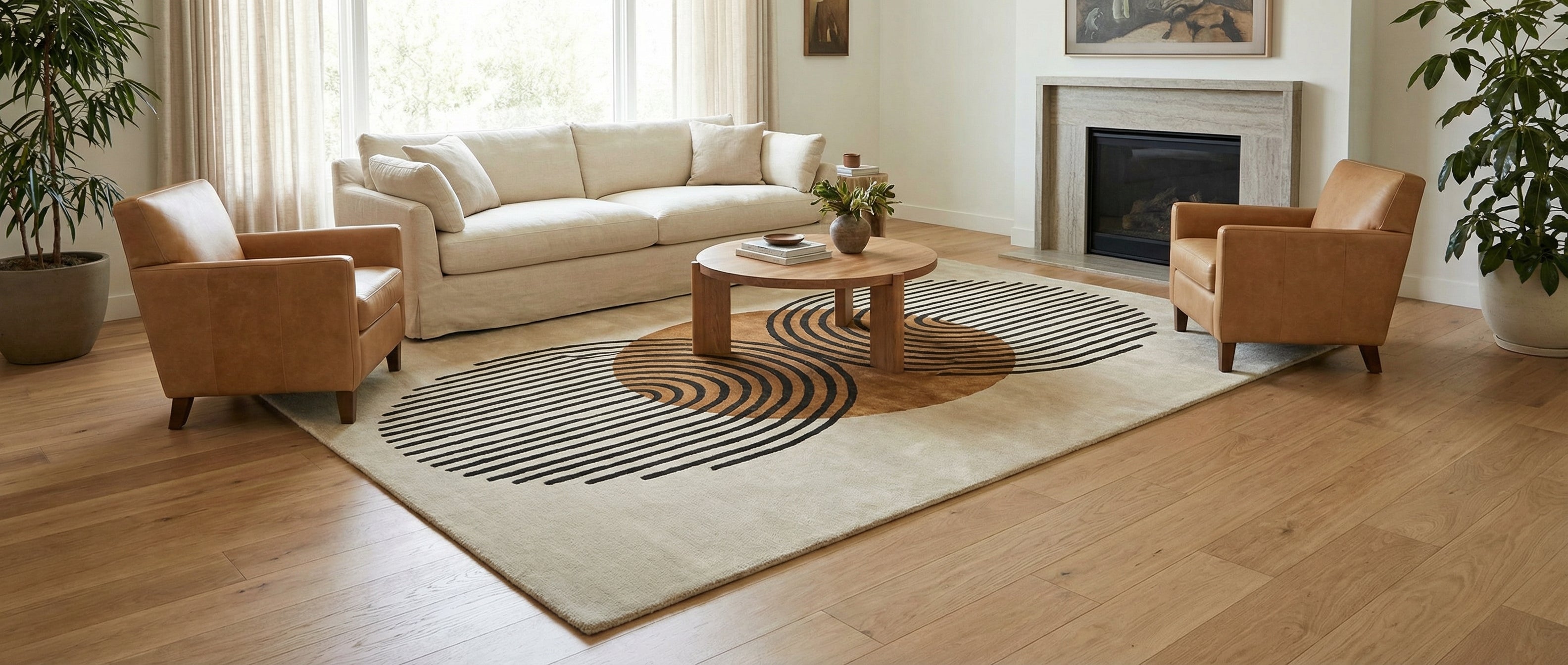 Pièce transformée avec tapis rond/ovale beige, noir et marron. Le type de tapis est un succès