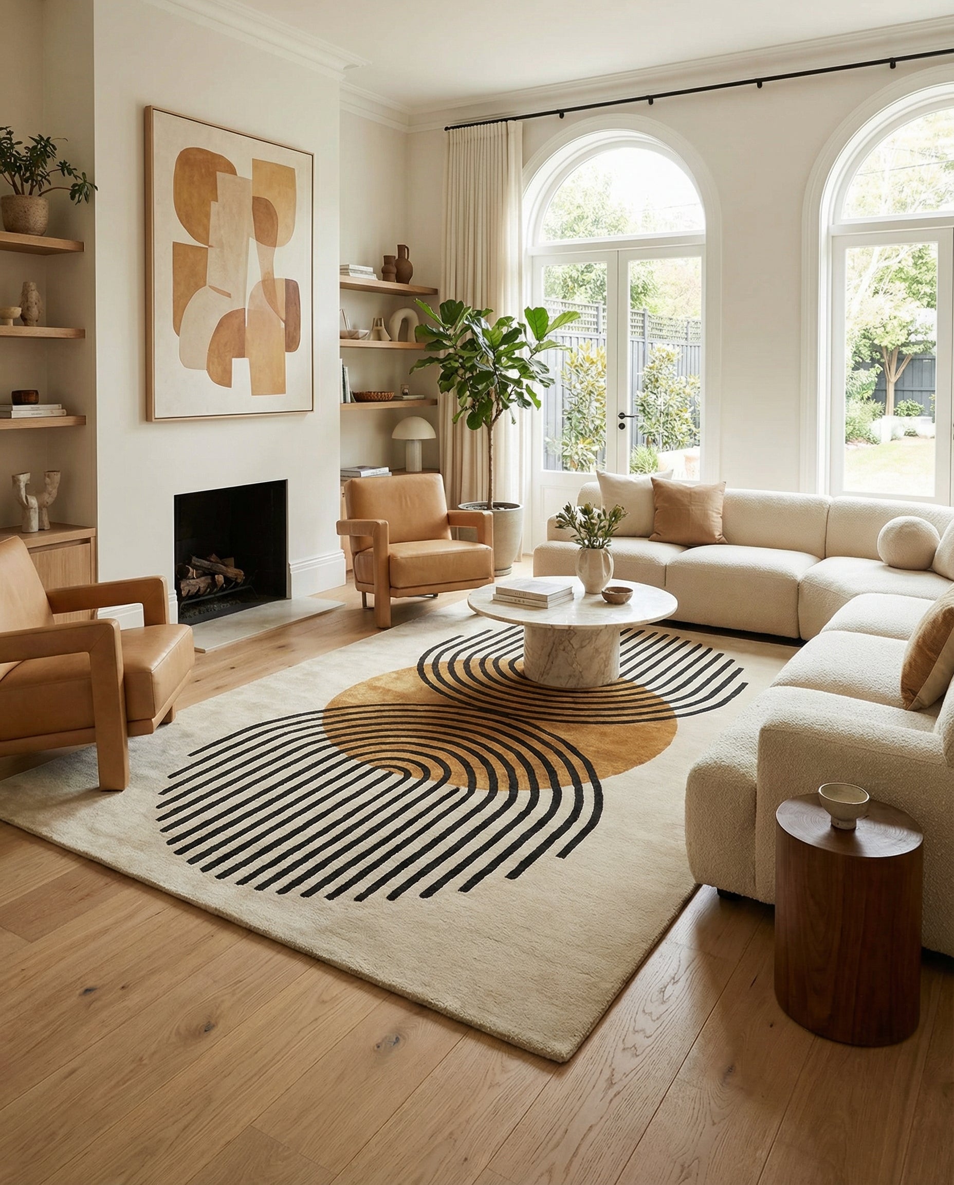Tapis rond, beige, noir, marron. Harmonie créée par le type de tapis et la couleur de la pièce