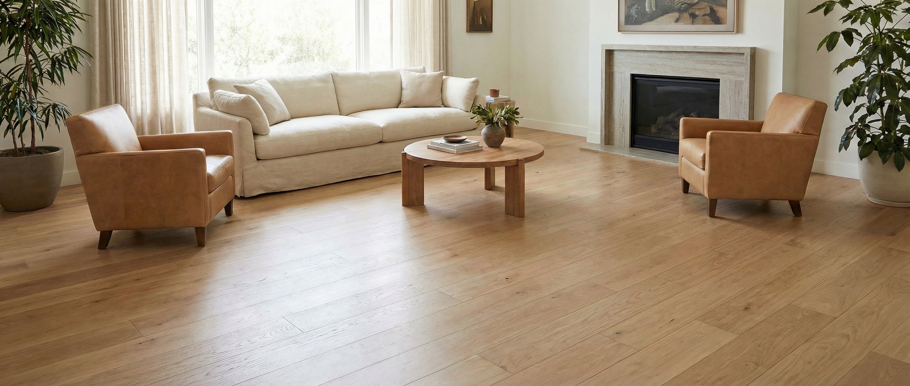 Pièce avec plancher bois clair, canapé, fauteuils cuir. Table ronde. Espace à transformer pour tapis