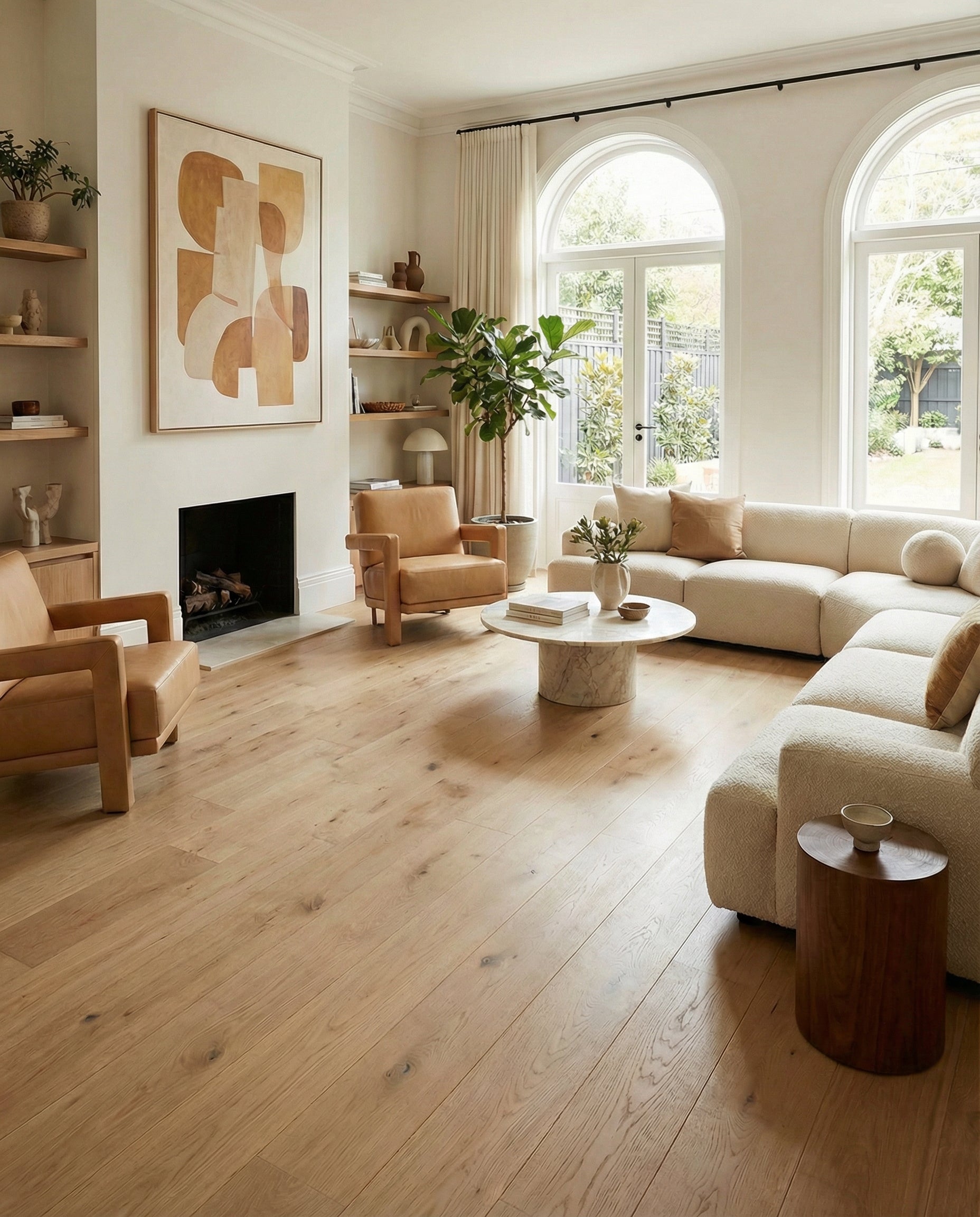 Pièce lumineuse avec parquet clair. Potentiel pour un tapis rond ou ovale. Couleur neutre, ambiance chaleureuse