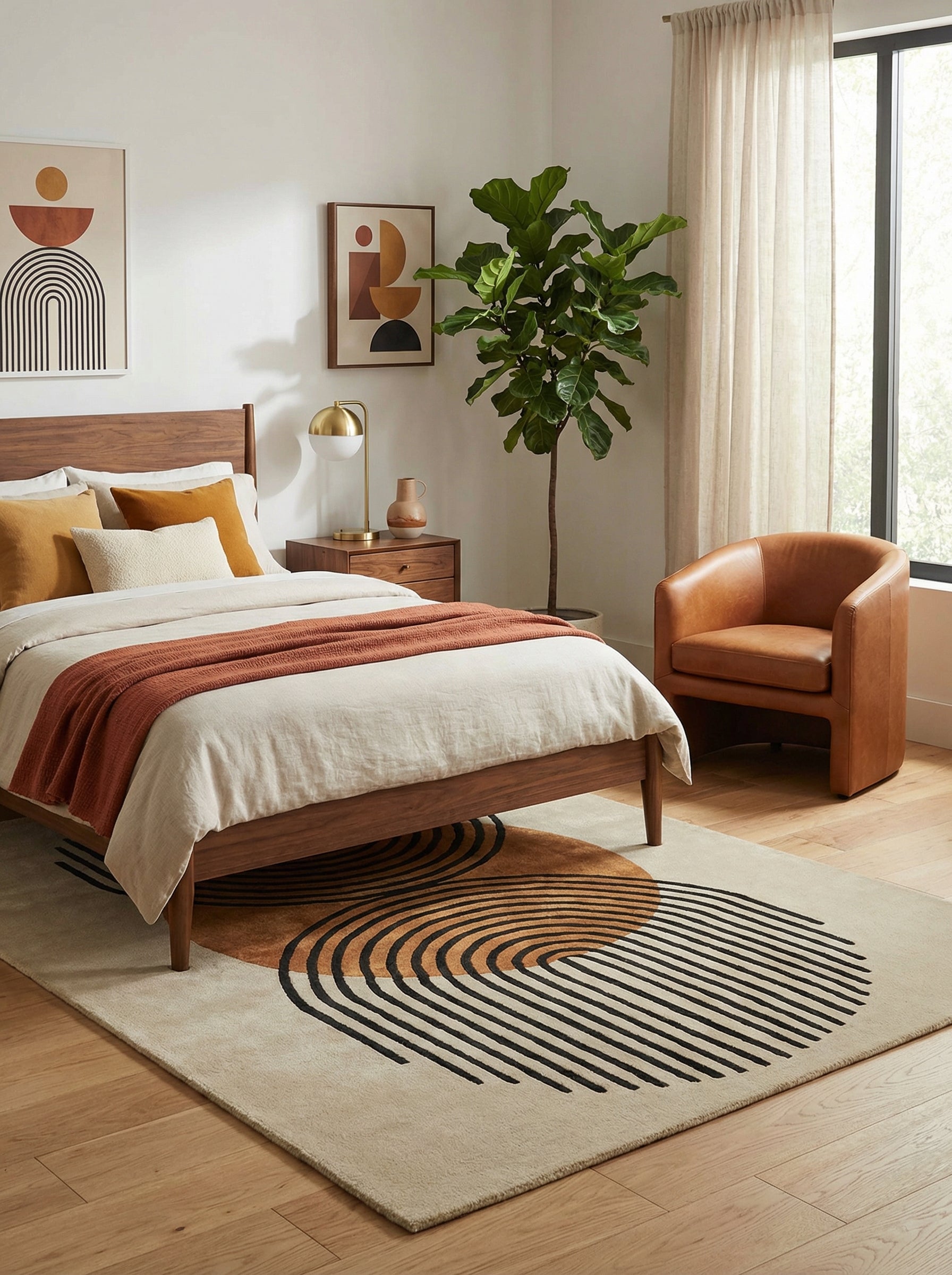 Tapis rond dans une chambre, ambiance apaisante. Beige, noir et ambre
