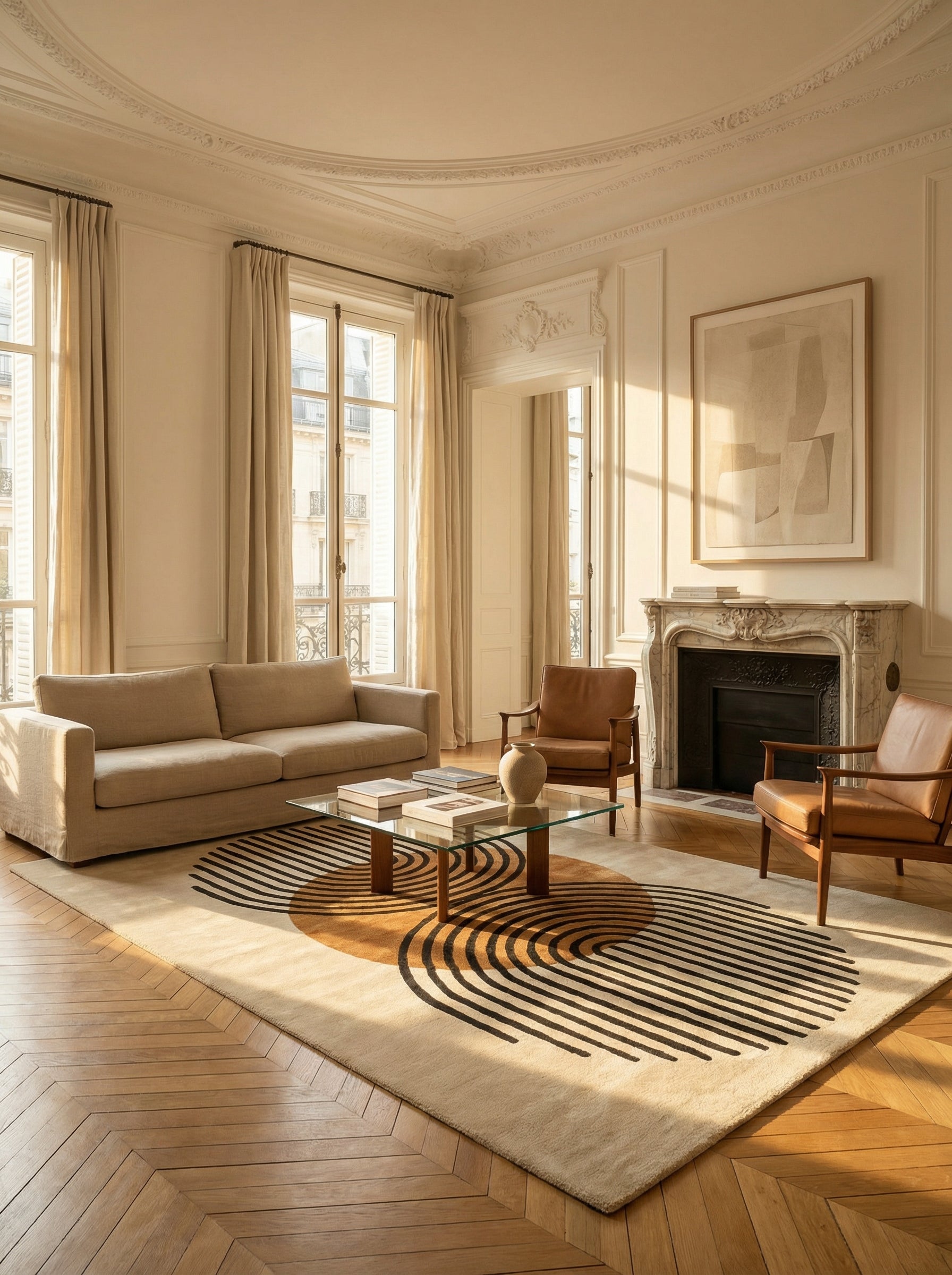 Tapis rond beige et noir dans une pièce élégante classique
