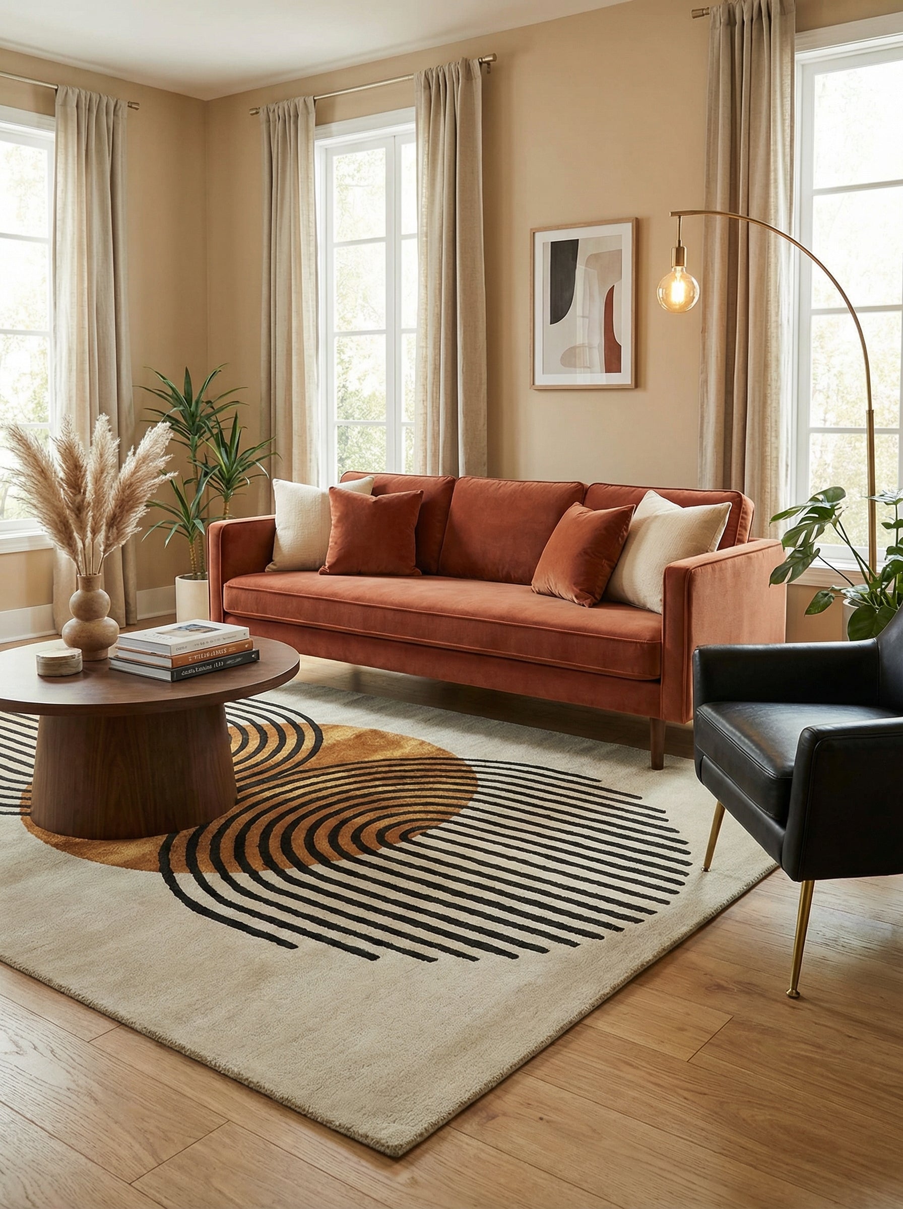 Tapis de type épuré, beige et noir, motif rond. Harmonie dans la pièce, couleurs chaudes