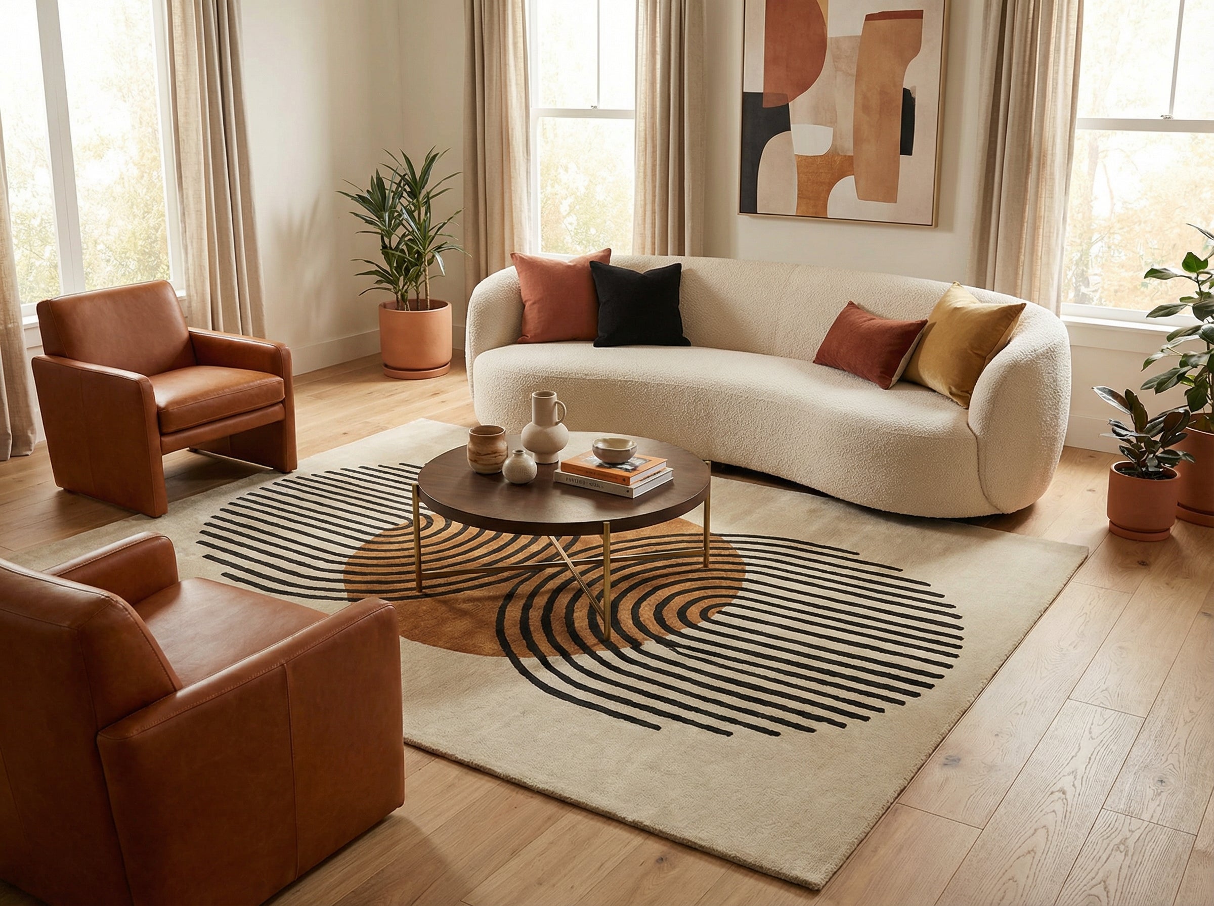 Style déco moderne, ambiance chaleureuse. Canapé ovale, fauteuils cuir. Tapis rond beige, noir et marron. Pièce