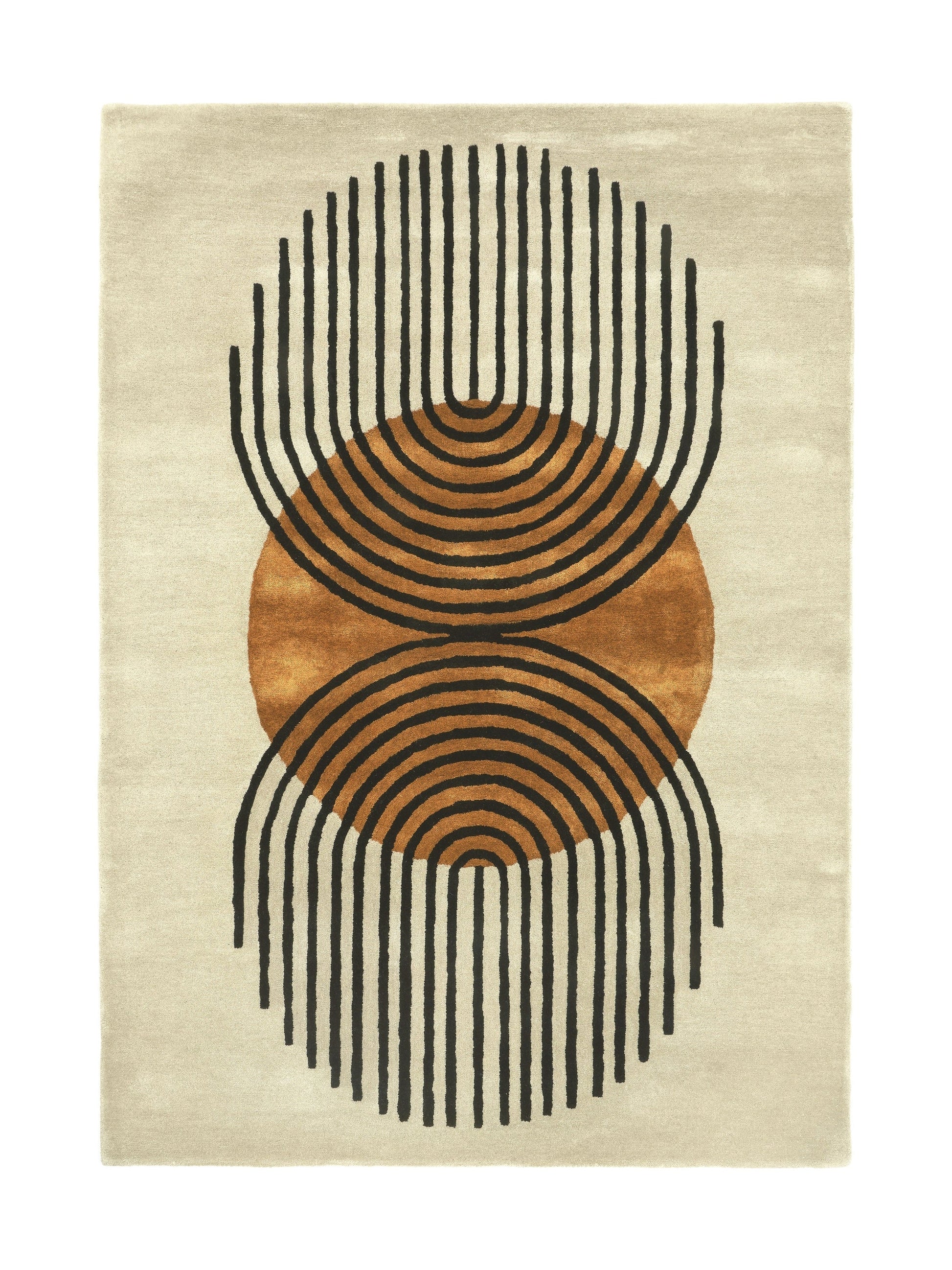 Tapis de type abstrait, beige et marron. Motif géométrique noir. Forme rectangulaire. Idéal pour une pièce