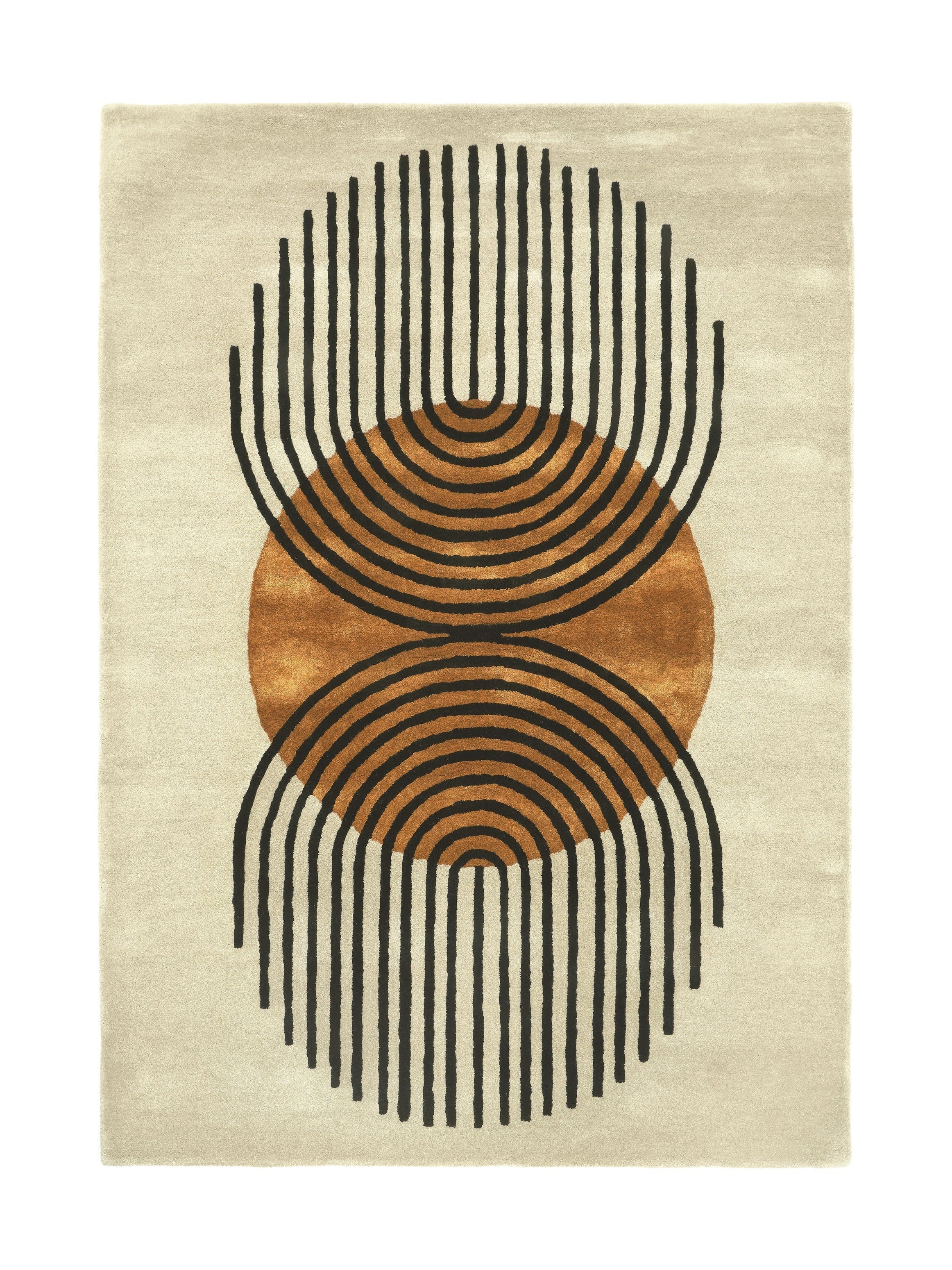 Tapis de type abstrait, beige et marron. Motif géométrique noir. Forme rectangulaire. Idéal pour une pièce